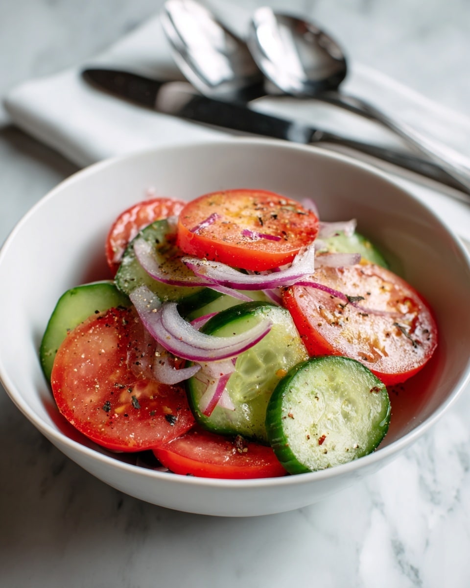 A white bowl holds a fresh salad made of sliced light green cucumbers, red tomato wedges, and thin rings of purple onion, all mixed with a light brown dressing sprinkled with black pepper. On the right edge of the bowl, a piece of rustic bread with a golden-brown crust and airy inside rests, leaning against the salad. A silver fork with a dark wooden handle sits inside the bowl on the left. The bowl is placed on a white marbled surface with a striped light cloth and another piece of bread at the bottom. In the background, part of another white bowl with similar salad and a shiny silver spoon with a dark wooden handle can be seen. Photo taken with an iphone --ar 4:5 --v 7