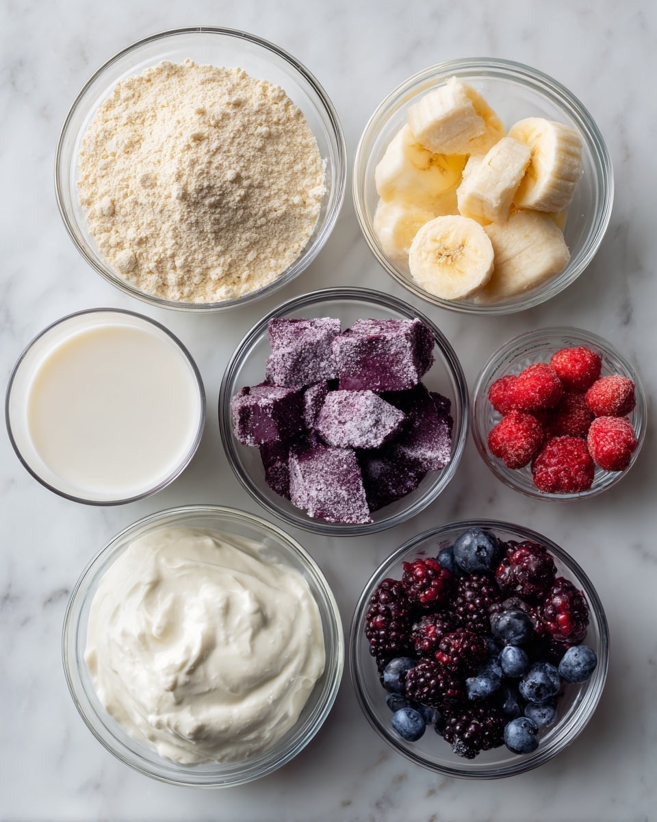 The image shows six small clear glass and white bowls arranged on a white marbled surface. The top left bowl contains light beige vanilla protein powder with a crumbly, powdery texture. To its right, a clear glass bowl is filled with pale yellow frozen banana slices, frosted with ice crystals. Below the protein powder, a white bowl holds deep purple unsweetened acai pieces with a rough, frozen texture. Next to it, another white bowl contains thick, creamy white full fat Greek yogurt with a smooth, slightly lumpy texture. At the bottom left, a clear glass cup has white non-dairy milk with a smooth liquid surface. Finally, the bottom right clear glass bowl is filled with a mix of frozen berries, including bright red strawberries, dark blueberries, and purple blackberries, all lightly frosted with ice. photo taken with an iphone --ar 4:5 --v 7
