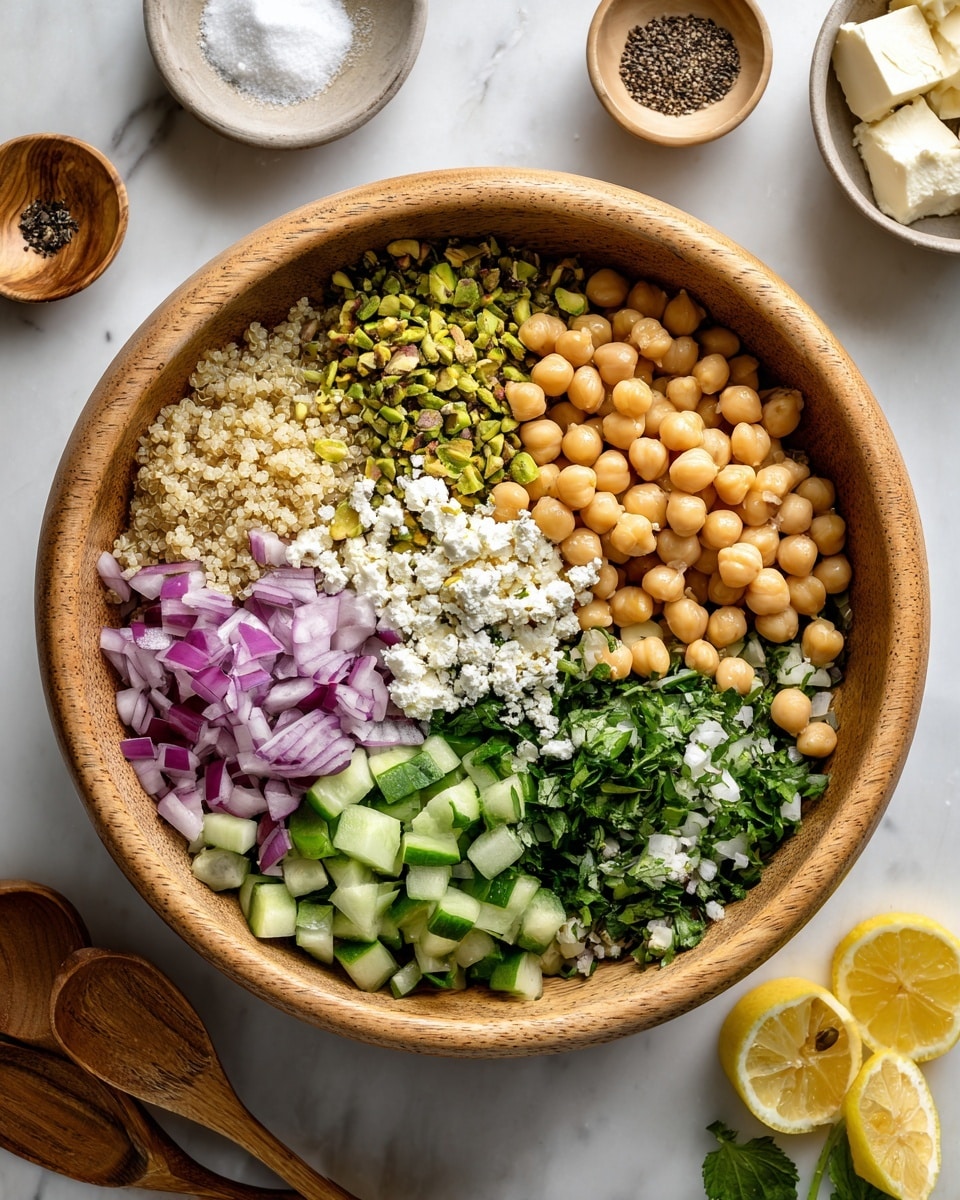 A light brown speckled bowl holds a colorful salad with seven distinct layers arranged in sections. Starting from the bottom right going counterclockwise, there is a layer of light beige quinoa with a grainy texture; next to it, a pile of shiny, plump beige chickpeas; on top of the chickpeas, some white crumbled cheese; next, bright green chopped parsley leaves; above that, rough chopped light and dark green pistachios; fresh dark green chopped mint leaves; diced light green cucumber pieces; finely chopped light purple onion pieces; and two small piles of black pepper and white salt sit near the middle. The bowl is on a white marbled surface with some wooden utensils partially visible on the left edge and small dishes with white cheese and yellow lemon slices blurred in the background. Photo taken with an iphone --ar 4:5 --v 7