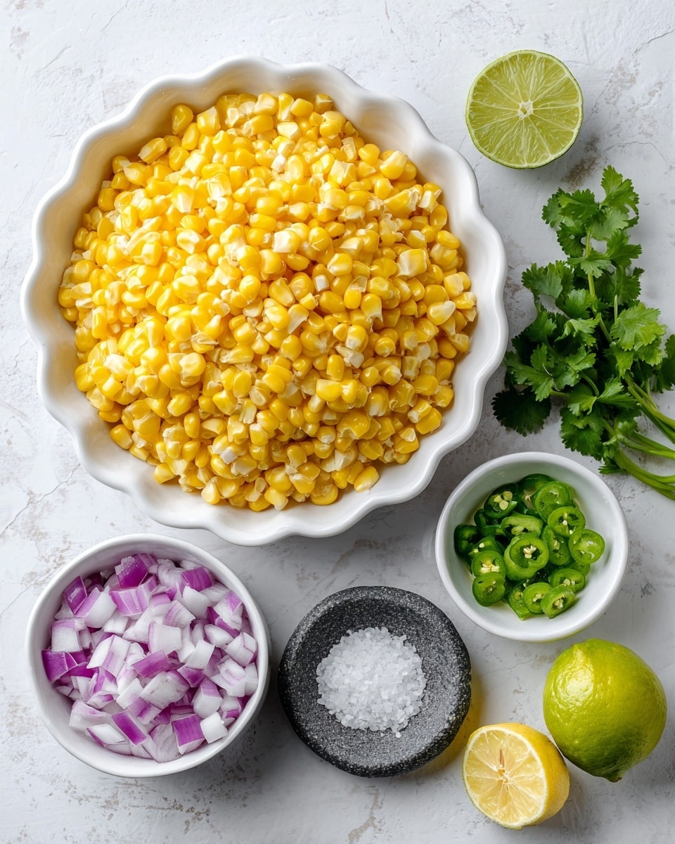 A large white scalloped bowl filled with bright yellow sweet corn kernels sits at the top center on a white marbled surface. Below it and to the left, a small white bowl holds chopped red onion pieces with purple and white colors. To the right of that, another small white bowl contains finely chopped green jalapeno. Below and left of the jalapeno bowl is a small dark gray stone dish with white sea salt grains. Near the bottom right, a halved yellow lemon and a halved green lime show fresh juice inside. Fresh green cilantro sprigs with leafy texture are laid out on the right side. Each ingredient is labeled with a white text box, and the image is bright and clear, photo taken with an iphone --ar 4:5 --v 7