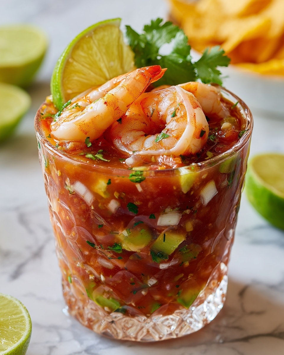 A clear glass cup filled with a chunky red shrimp cocktail showing layers of bright red diced tomatoes, green avocado pieces, and finely chopped herbs mixed in a slightly thick, red sauce. Two bright yellow tortilla chips are dipped into the cup on the left side, and a green lime wedge is perched on the right edge with a cooked pink shrimp hanging over the rim, garnished with green cilantro leaves. The cup is placed on a white marbled surface with some scattered tortilla chips and fresh cilantro leaves around. Photo taken with an iphone --ar 4:5 --v 7