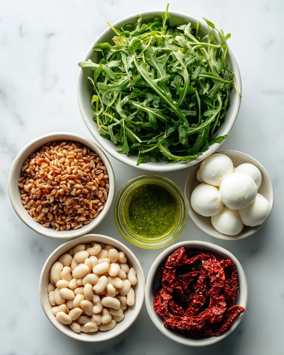 The image shows six ingredients in separate white bowls on a white marbled surface. At the top is a large bowl filled with fresh green arugula leaves, which have a slightly jagged texture. Below it to the left is a bowl holding cooked farro, showcasing small, brown, slightly shiny grains. To the right of the farro, there is a smaller bowl containing smooth, white mozzarella balls. Below the mozzarella, a small bottle of bright green basil vinaigrette is visible. At the bottom left, a bowl is filled with pale beige cannellini beans, smooth and oval-shaped. To the right of the beans, there is a bowl with deep red sun-dried tomatoes that have a wrinkled texture. The setup is clean and bright. Photo taken with an iphone --ar 4:5 --v 7
