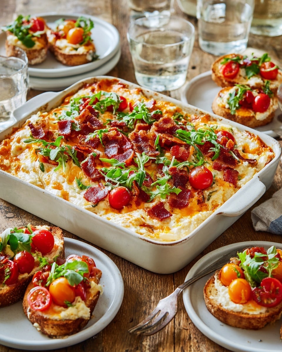 The image shows a white rectangular dish filled with a layered dip. The bottom layer is a creamy light orange mix with melted cheese, topped with pieces of red-brown bacon, halved bright red cherry tomatoes, and fresh green lettuce leaves scattered on top. Surrounding the dish are four white round plates, each holding small toasted bread rounds with various layers on top matching the dip: creamy spread, bacon pieces, halved cherry tomatoes, and bits of green lettuce. The setting is on a wooden surface with two glasses of water visible, and a woman's hand holding a fork near one of the plates. photo taken with an iphone --ar 4:5 --v 7