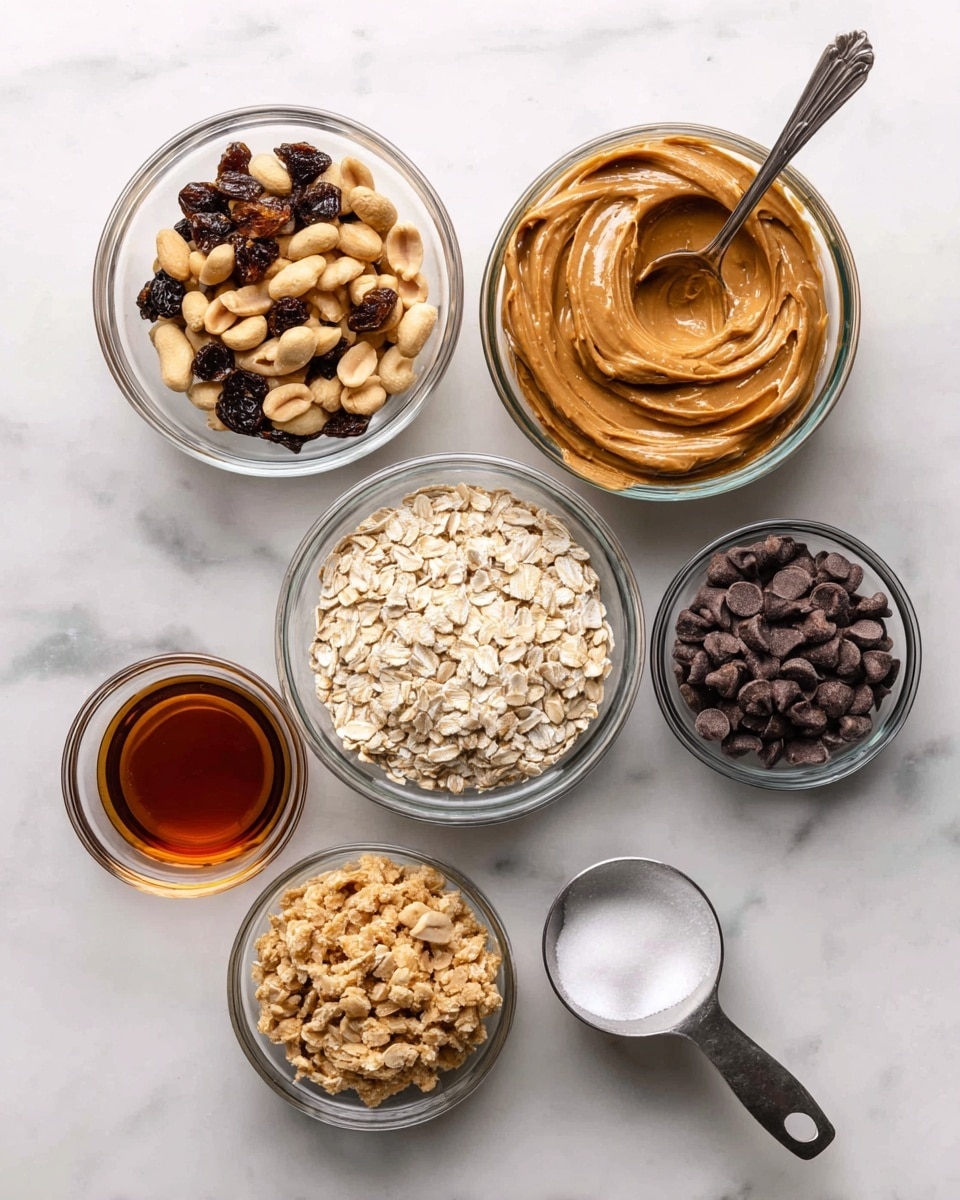 The image shows seven clear glass bowls of different sizes arranged on a white marbled surface. At the top right is a bowl filled with smooth, light brown peanut butter with a shiny texture and a spoon inside. To the left of it, a bowl contains light golden peanuts mixed with dark brown raisins labeled as add-ins. Below those bowls is one with pale beige rolled oats, showing a dry, rough texture. To the left of the oats is a smaller bowl filled with dark amber maple syrup that has a glossy, liquid surface. Below the oats is a bowl of light tan crispy rice cereal with a crunchy texture. To its right is a bowl filled with small, dark brown chocolate chips that have a smooth, shiny finish. Last, in the bottom left corner, there is a metal scoop holding solid white coconut oil with a soft, creamy texture. photo taken with an iphone --ar 4:5 --v 7