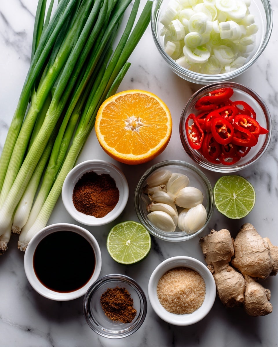 The image shows a careful arrangement of ingredients on a white marbled surface including three stalks of green spring onions on the top left, and next to them a clear glass bowl filled with white chopped onions. Below, there is a halved bright orange and a halved lime side by side. Small clear bowls contain brown ground spices and dried seeds below the citrus fruits. To the right of the onions, a small white bowl holds peeled whole garlic cloves on top, beside a bowl with red sliced peppers with seeds visible. Next to these, a small clear bowl is filled with dark soy sauce, and a small white bowl with light brown sugar sits to its right. Near the center bottom, a small white bowl contains minced ginger. All bowls are neatly spaced and set against the smooth white marbled surface. Photo taken with an iphone --ar 4:5 --v 7