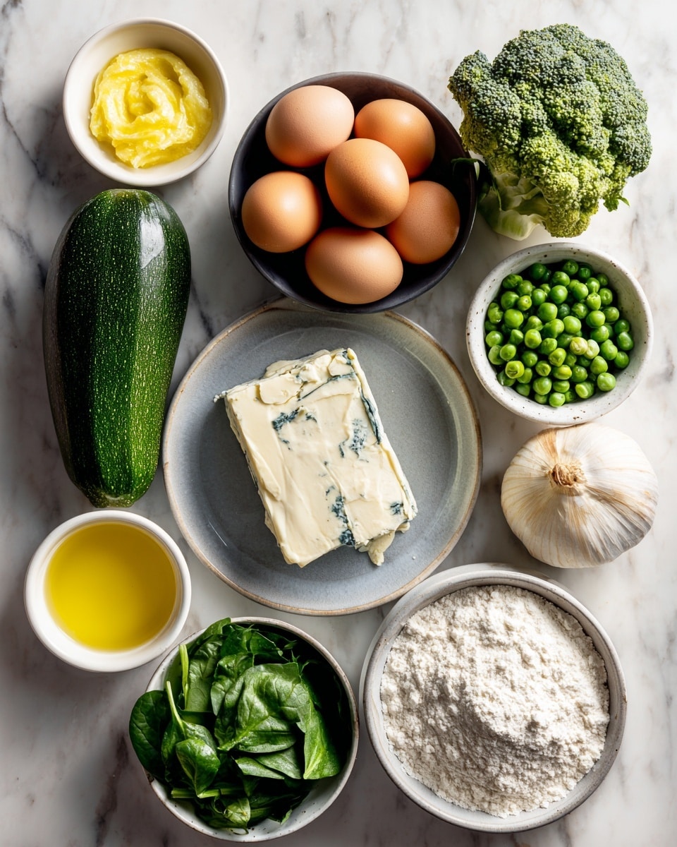 A white marbled surface holds several ingredients neatly arranged, including a small white bowl with a yellow mustard dollop at the top left, below it a white bowl with a bright yellow liquid likely oil, and near the center a grey plate with a solid block of butter. A block of blue-lidded cottage cheese is next to a fresh dark green zucchini, which lies next to a leafy pile of fresh spinach stacked in a white bowl. Above this, a small white bowl contains frozen green peas, next to which is a whole light brown onion and a garlic clove. At the top center is a black bowl filled with five brown eggs, and a small white bowl with salt sits above the butter. A fresh dense broccoli head with a bright green color rests in the middle of the layout. Finally, a white bowl filled with white flour is placed on the right side, all arranged on the white marbled background. Photo taken with an iphone --ar 4:5 --v 7
