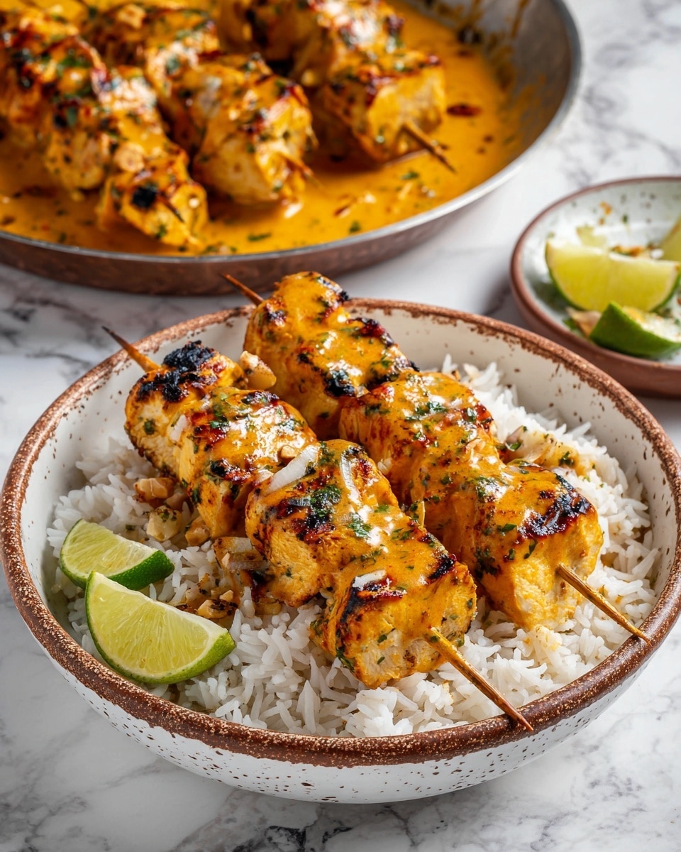 Two wooden skewers with grilled golden-brown chicken pieces are placed on a bed of fluffy white rice in a white bowl with brown speckled edges. The chicken is covered with a smooth orange sauce with bits of herbs and nuts. Three lime wedges with bright green skin are arranged on the side of the rice. In the background, a metal skillet with more grilled chicken skewers sits on a white marbled surface. photo taken with an iphone --ar 4:5 --v 7