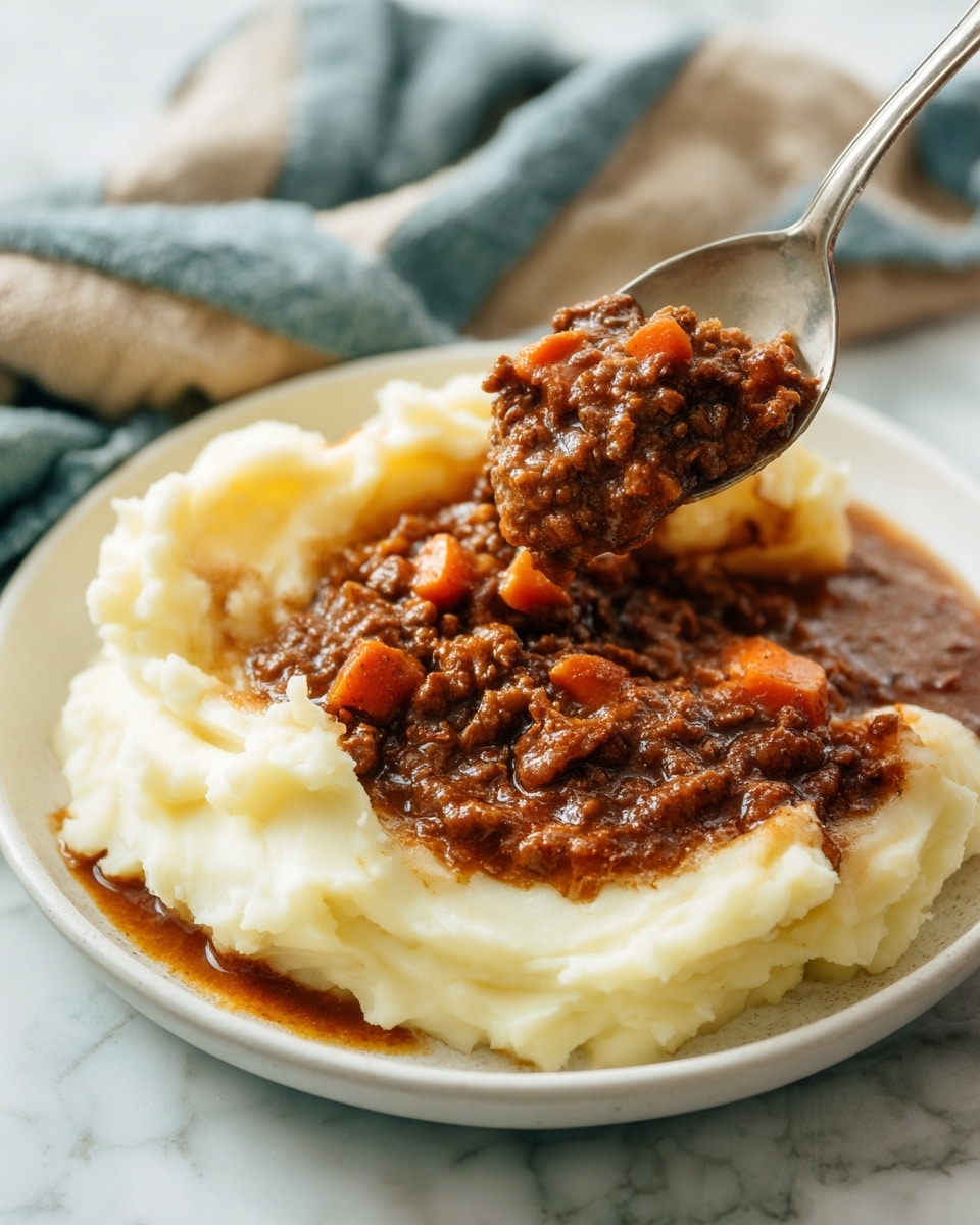 The dish shows two main layers on a white plate sitting on a white marbled surface. The bottom layer is a smooth and creamy light beige mashed potato spread in an irregular circular shape. On top of it, there is a thick, chunky layer of dark brown meat sauce with small bits of orange carrot mixed in. A spoon lifts a portion of the meat sauce and mashed potatoes together, showing the textures clearly. The spoon is silver and shiny, angled toward the camera. The background includes folded cloths with blue and beige colors. Photo taken with an iphone --ar 4:5 --v 7