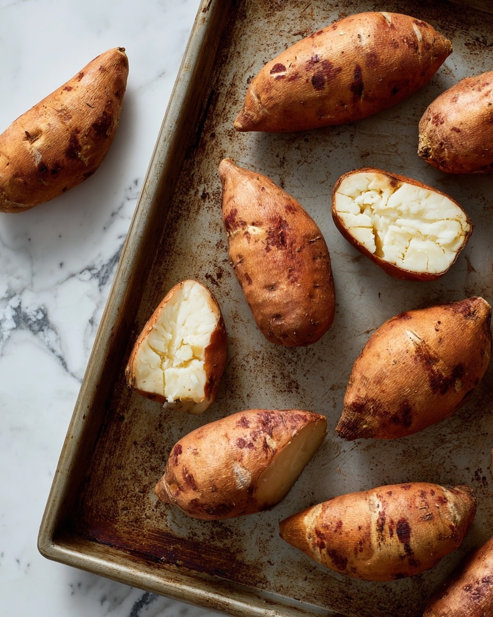 The image shows a metal baking tray with nine baked sweet potatoes, some whole and some broken open. The sweet potatoes have rough, brown, slightly wrinkled skin with small dark spots and a dry texture. The inside is pale white and soft, visible on the broken pieces, contrasting with the darker outer skin. The tray has a well-used, slightly greasy surface with marks and dark patches from cooking. The sweet potatoes are arranged randomly without a specific order on the tray. The background is a white marbled texture. Photo taken with an iphone --ar 4:5 --v 7