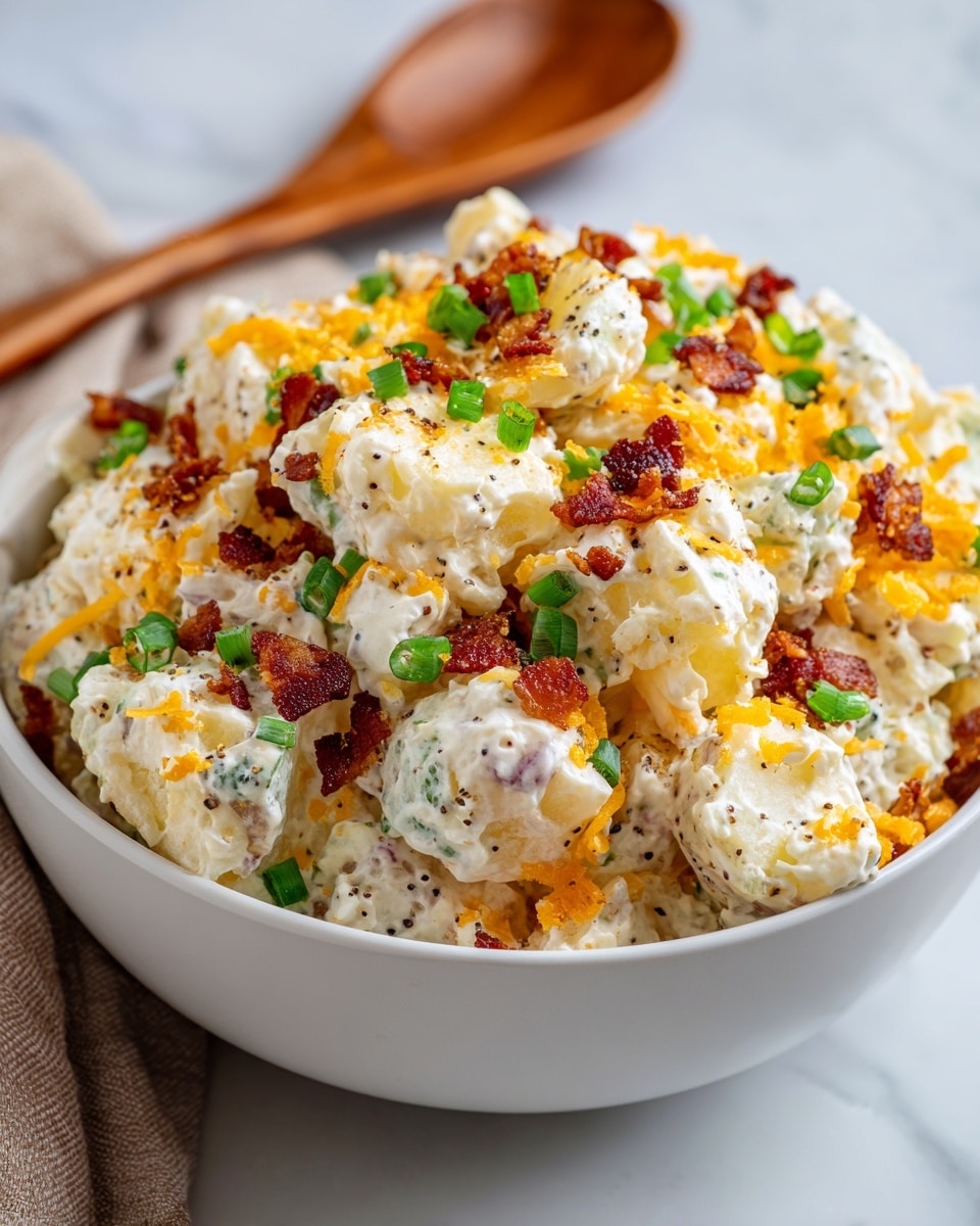 A bowl filled with a creamy potato salad with visible chunks of white potato coated in light dressing, mixed with shredded orange cheddar cheese, crispy brown bacon bits, and chopped bright green onions scattered on top. The salad has a textured look with small bits of black pepper and a slightly rough creamy coating. The bowl is white and sits on a white marbled surface with a blurred wooden spoon in the background. Photo taken with an iphone --ar 4:5 --v 7