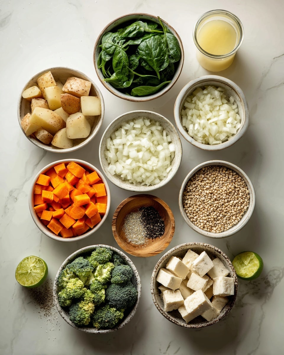 The image shows nine white bowls and one small wooden bowl arranged on a white marbled surface. Starting top left, a bowl holds cubed potato pieces with skin on, light brown and cream colors. Next to it, a bowl is filled with dark green fresh spinach leaves with smooth, slightly curled edges. A tall glass container on the top right contains a light yellow liquid. Below that, a bowl is full of white diced onions with a translucent look. In the center, a bowl contains small beige and light brown barley grains. Just below it, a small wooden bowl holds a small amount of black pepper. Below and to the left, a bowl has bright orange chopped carrot pieces. On the bottom left, a bowl with frozen green broccoli pieces shows ice crystals. To the bottom right, a bowl contains light beige tofu cubes with smooth, firm texture. Scattered near the center are four garlic cloves and a whole lime with a smooth green skin. Photo taken with an iphone --ar 4:5 --v 7