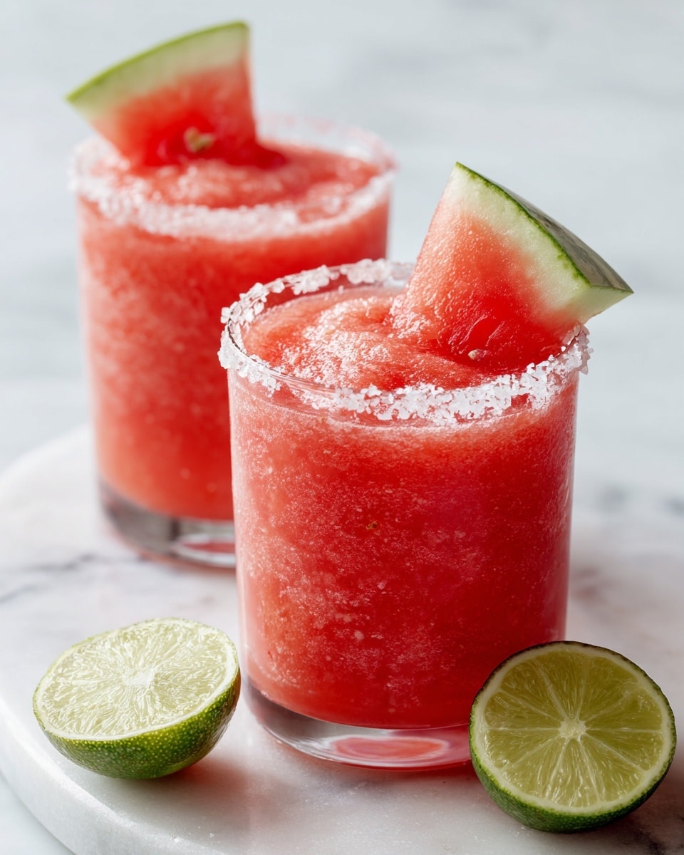 Two clear glasses filled with a thick, smooth pink frozen drink with a swirled texture on top. Each glass has a white sugar rim and is garnished with a cube-shaped slice of watermelon, showing its green and white rind and red flesh, placed on the rim. The glasses sit on a round white plate, which is on a white marbled surface. Around the plate, there are wedge slices of lime decorated with water droplets. The light creates soft shadows and highlights on the drinks and the surface. photo taken with an iphone --ar 4:5 --v 7