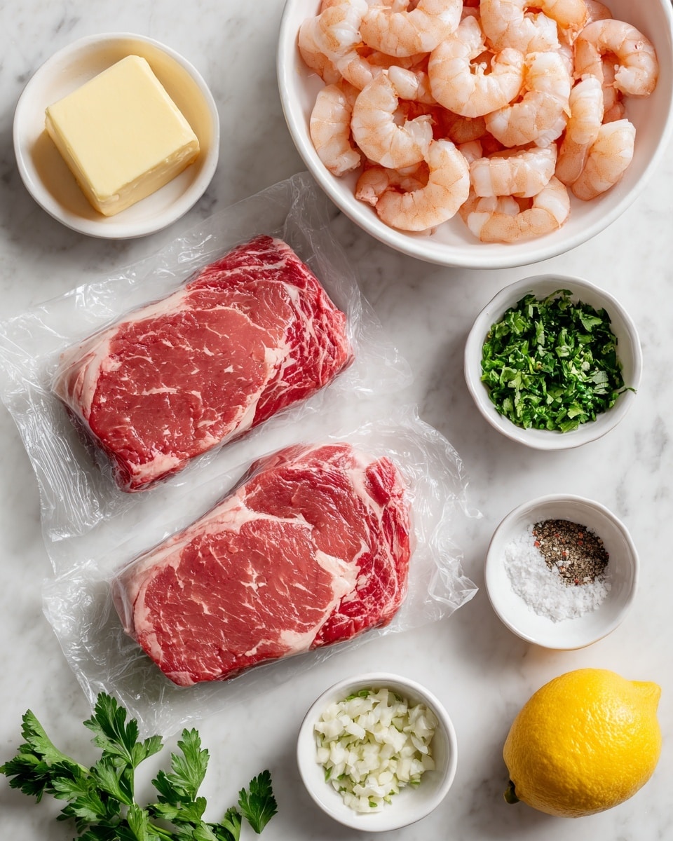 The image shows a top-down view of two raw ribeye steaks in clear packaging with red and white labels, lying flat on a white marbled surface. To the top right, there is a white bowl full of peeled, pinkish shrimp. Surrounding the steaks and bowl are several small white bowls containing different ingredients: pale yellow butter in the center, chopped green herbs to the left and bottom left, minced white garlic at the bottom right, and coarse salt and black pepper in two bowls near the bottom center and top left. A whole yellow lemon sits near the bottom right, and a sprig of green parsley is placed near the bottom left of the layout. The whole scene is brightly lit, emphasizing the fresh and raw textures of the ingredients, photo taken with an iphone --ar 4:5 --v 7