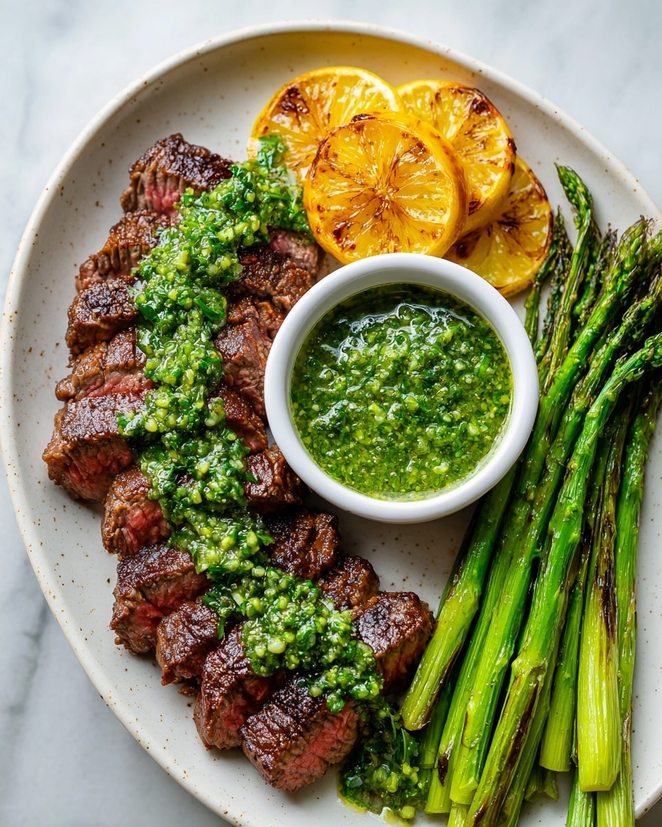 The image shows five pieces of cooked steak with a browned, slightly crispy outer layer, arranged in a row on the left side of a black cooking surface. To the right of the steaks, there are six bright yellow lemon slices placed in a line. Further right, there is a bundle of green asparagus spears, cooked with some parts showing light charring. The cooking surface has small oil spots and shines slightly with heat steam rising. The background is a white marbled texture. Photo taken with an iphone --ar 4:5 --v 7