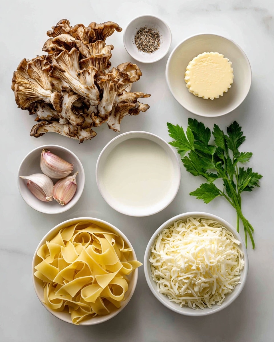 A top-down view of cooking ingredients arranged neatly on a white marbled surface with eight main elements: on the left, a cluster of brown oyster mushrooms with detailed gills; above them, a small white bowl with black pepper; to the right, a white bowl holding a scalloped round of pale yellow butter; next to it, bright green parsley leaves at the top right; below parsley, several light pink garlic cloves; center right, a loose pile of pale yellow wide pasta ribbons; bottom middle, a small white bowl with salt; bottom left, a white bowl filled with smooth heavy cream; and bottom right, a white bowl full of shredded white cheese. Each ingredient is clearly separated with labeled text naming them. photo taken with an iphone --ar 4:5 --v 7