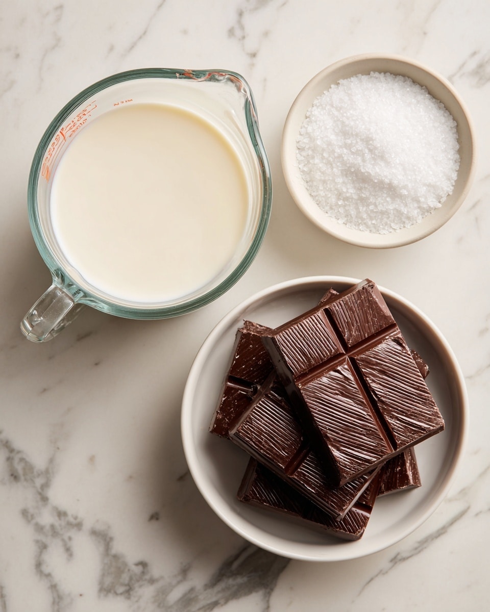 A white marbled surface holds three containers: a clear glass measuring cup filled with smooth, off-white heavy cream at the bottom left, a small white bowl with a fine white powder salt near the top left, and a white bowl filled with several thick, dark brown chocolate pieces with a ribbed texture stacked at the top right, all arranged neatly with space between them. photo taken with an iphone --ar 4:5 --v 7