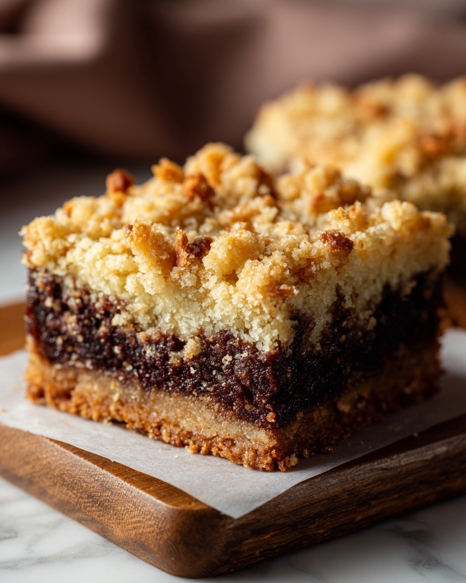A close-up view of two square layered dessert pieces stacked on a white marbled surface with a paper underneath. Each piece has two layers: the bottom layer is a thick, dark brown, moist and crumbly chocolate base, while the top layer is a golden brown, textured coconut topping with shredded coconut strands visible, giving it a rough and crunchy look. The top piece has a bite taken out, revealing the soft and moist texture of both layers inside. The background is blurred, showcasing more of the dessert pieces with similar colors. photo taken with an iphone --ar 4:5 --v 7