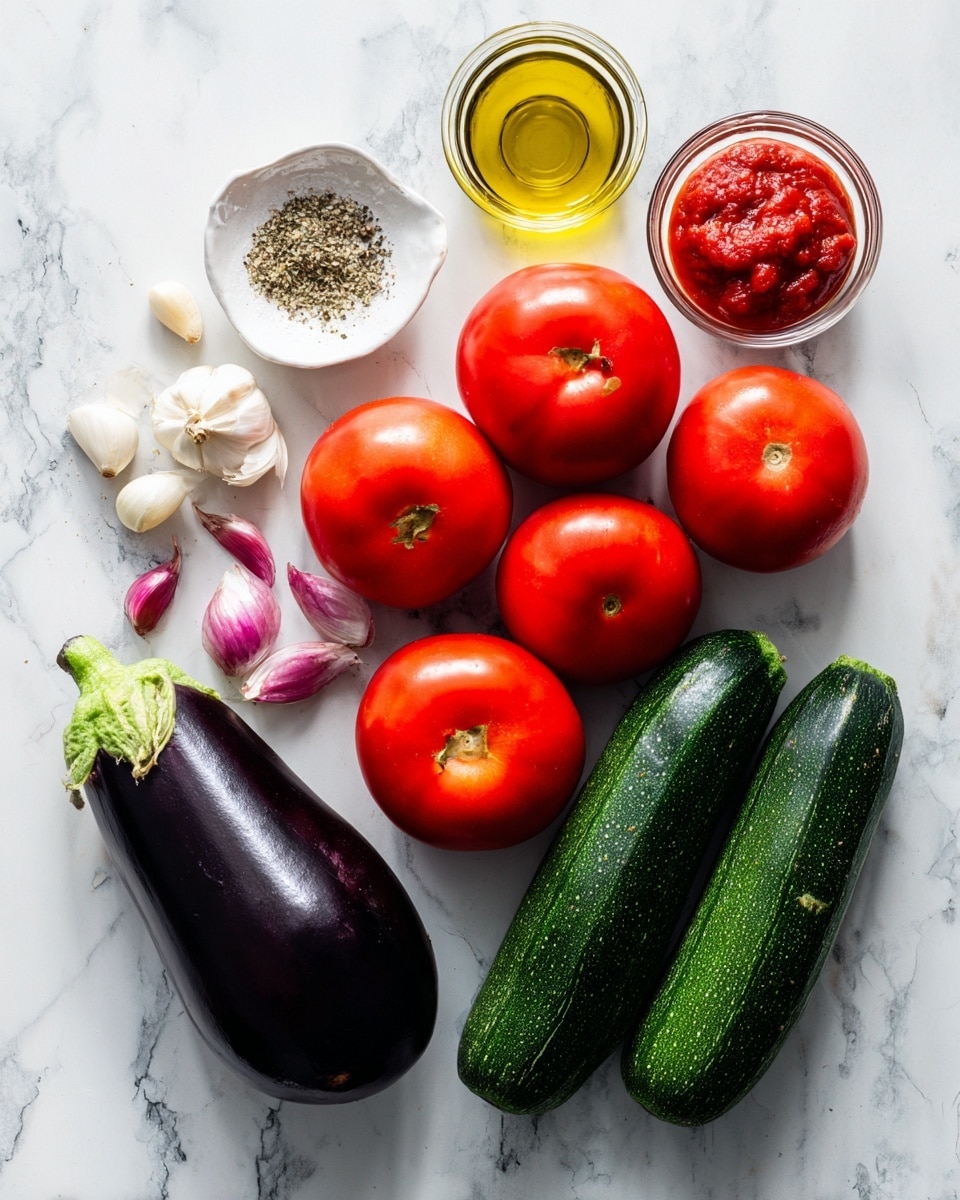 The image shows a white marbled surface with fresh ingredients neatly arranged for cooking. There are three bright red tomatoes grouped on the top right, next to a cluster of three medium-sized zucchinis with dark green skin on the right side. Below them is a shiny, deep purple eggplant with a green stem. To the left of the eggplant, there is a small glass container filled with golden olive oil. Above the olive oil, there is a small white bowl holding a mix of salt, black pepper, and herbs de Provence. Next to this bowl, on the upper left, are three peeled garlic cloves and two small red onions placed closely together. Near the onions, there is a small transparent bowl filled with bright red tomato paste. All items are placed distinctly against the clean white marbled background, creating a fresh and colorful display. Photo taken with an iphone --ar 4:5 --v 7