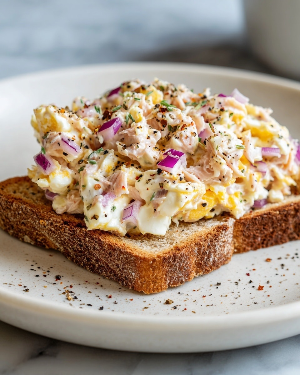 A white round plate holds a fresh mixed green salad base with dark green and purple leaf textures, topped with a chunky creamy tuna salad that contains bits of egg with orange yolk pieces and small purple onion bits, sprinkled lightly with black pepper. A silver fork rests on the left side of the plate, partially stuck into the tuna salad. The plate sits on a white marbled surface, and part of a white cloth and a small bowl with some white substance are partially visible around it. photo taken with an iphone --ar 4:5 --v 7