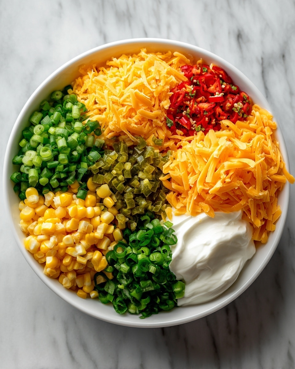 A white bowl holds five separate layers of ingredients arranged side by side: finely chopped green onions with a fresh, crisp texture on the left, bright yellow corn kernels with small red chili pieces next to them, finely chopped green pickles with a glossy, moist texture above, a large pile of shredded orange cheddar cheese on the right, and smooth white sour cream with a soft, creamy texture in the front. The bowl sits on a white marbled surface. Photo taken with an iphone --ar 4:5 --v 7