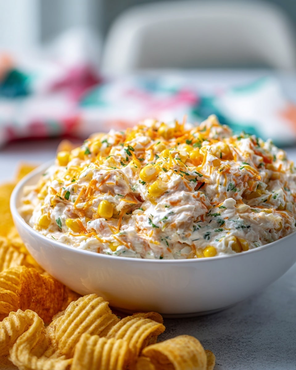 A bowl filled with a creamy mixture that looks like corn mixed with cheese and herbs, showing small yellow corn kernels and shredded orange cheese with bits of green herbs all combined in a thick, white creamy sauce. The white bowl is full and placed on a surface where the edges are surrounded by golden, curved snack chips, slightly out of focus. The background shows a blurry white chair and a colorful cloth adding soft contrast. The scene is bright with a shallow depth of field focusing on the bowl photo taken with an iphone --ar 4:5 --v 7