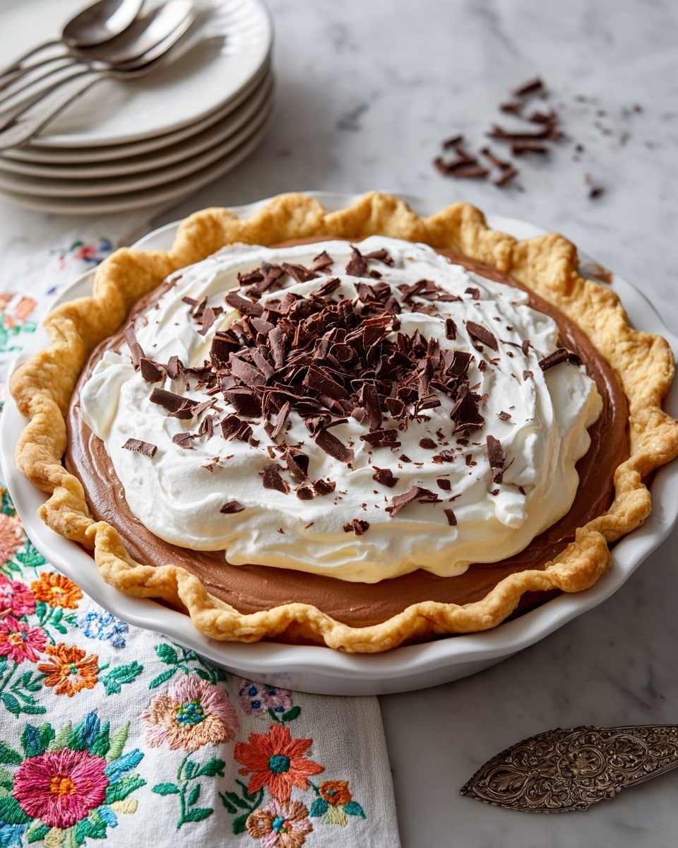 A slice of cream pie sits on a white plate with a scalloped edge, resting on a white marbled surface with embroidered colorful flowers. The pie has three layers: a golden crust at the bottom, a thick smooth chocolate layer in the middle, and a fluffy white whipped topping on top. On the whipped topping, there are several thin, curled chocolate shavings scattered for decoration. A silver fork is placed in front of the pie slice on the plate. In the background, a larger piece of the same pie is slightly blurred on another white plate. Photo taken with an iphone --ar 4:5 --v 7