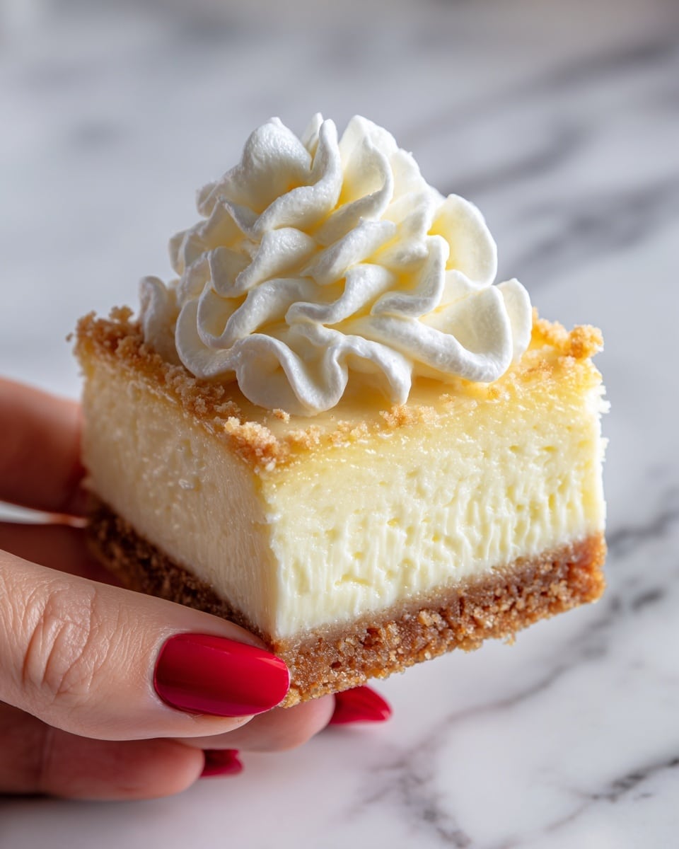 The image shows a close-up of a cheesecake square held by a woman's hand with red nail polish. The dessert has three visible layers: the bottom layer is a crumbly, golden-brown crust, the middle layer is a thick, creamy pale yellow cheesecake with a smooth texture, and the top layer is a puff of white whipped cream, swirled in decorative peaks. The background is a white marbled surface that contrasts softly with the dessert and hand. photo taken with an iphone --ar 4:5 --v 7