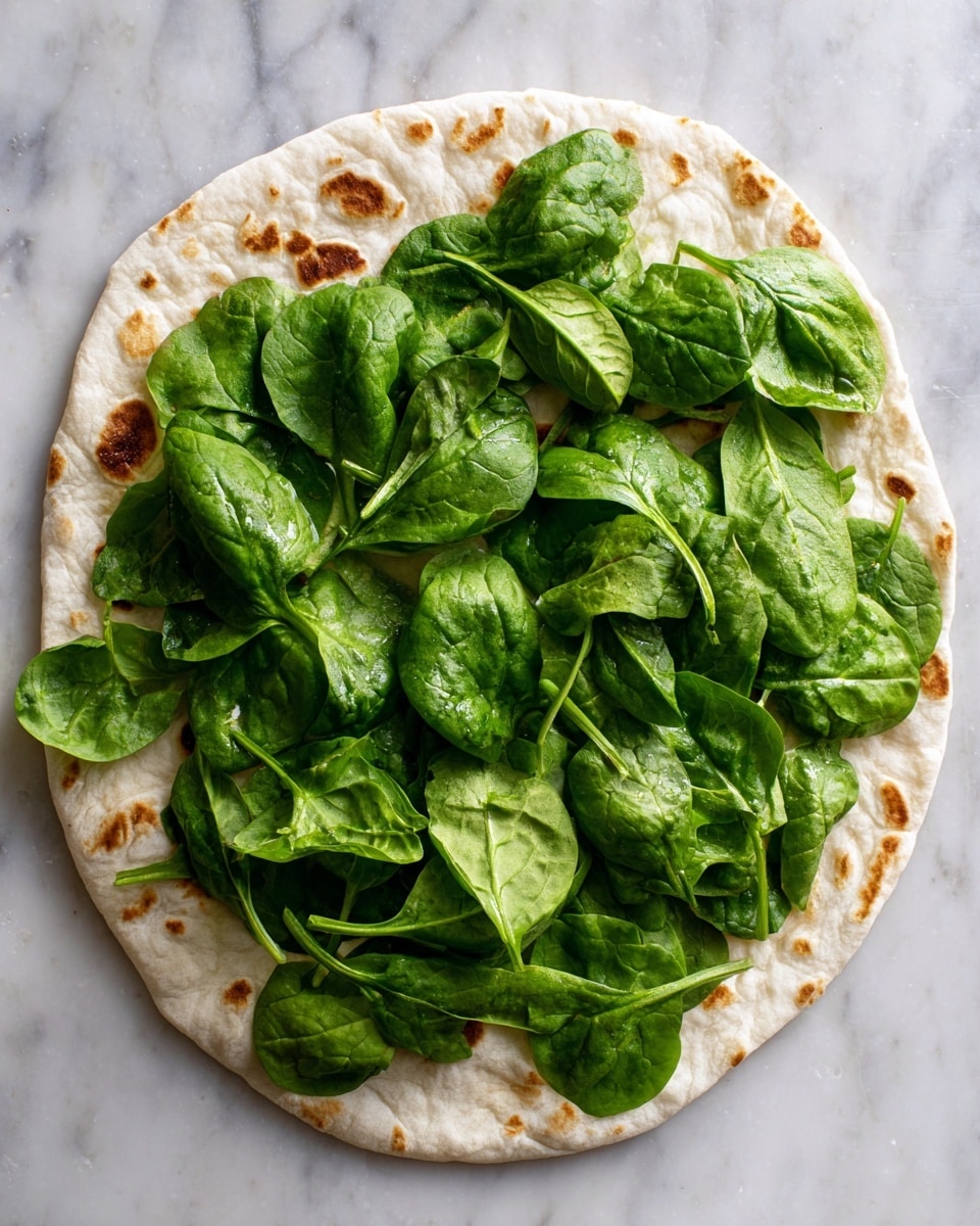 The image shows a white flatbread placed on a baking tray with a layer of fresh, bright green spinach leaves spread evenly over the top. The flatbread is light beige with some lightly browned spots, giving it a baked texture. The spinach leaves are whole, smooth, and fresh, covering the entire surface of the flatbread. The background is a white marbled texture. photo taken with an iphone --ar 4:5 --v 7