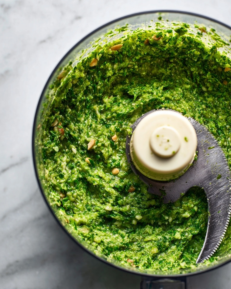 A close-up view inside a food processor shows a thick, chunky green mixture with visible small bits of nuts and leafy herbs. The green color is bright and fresh, with some oil sheen on the surface, and the mixture sticks to the clear sides of the processor jar. A creamy-colored plastic blade is partly visible on the right side, holding some of the mixture. The whole scene is set on a white marbled background. photo taken with an iphone --ar 4:5 --v 7