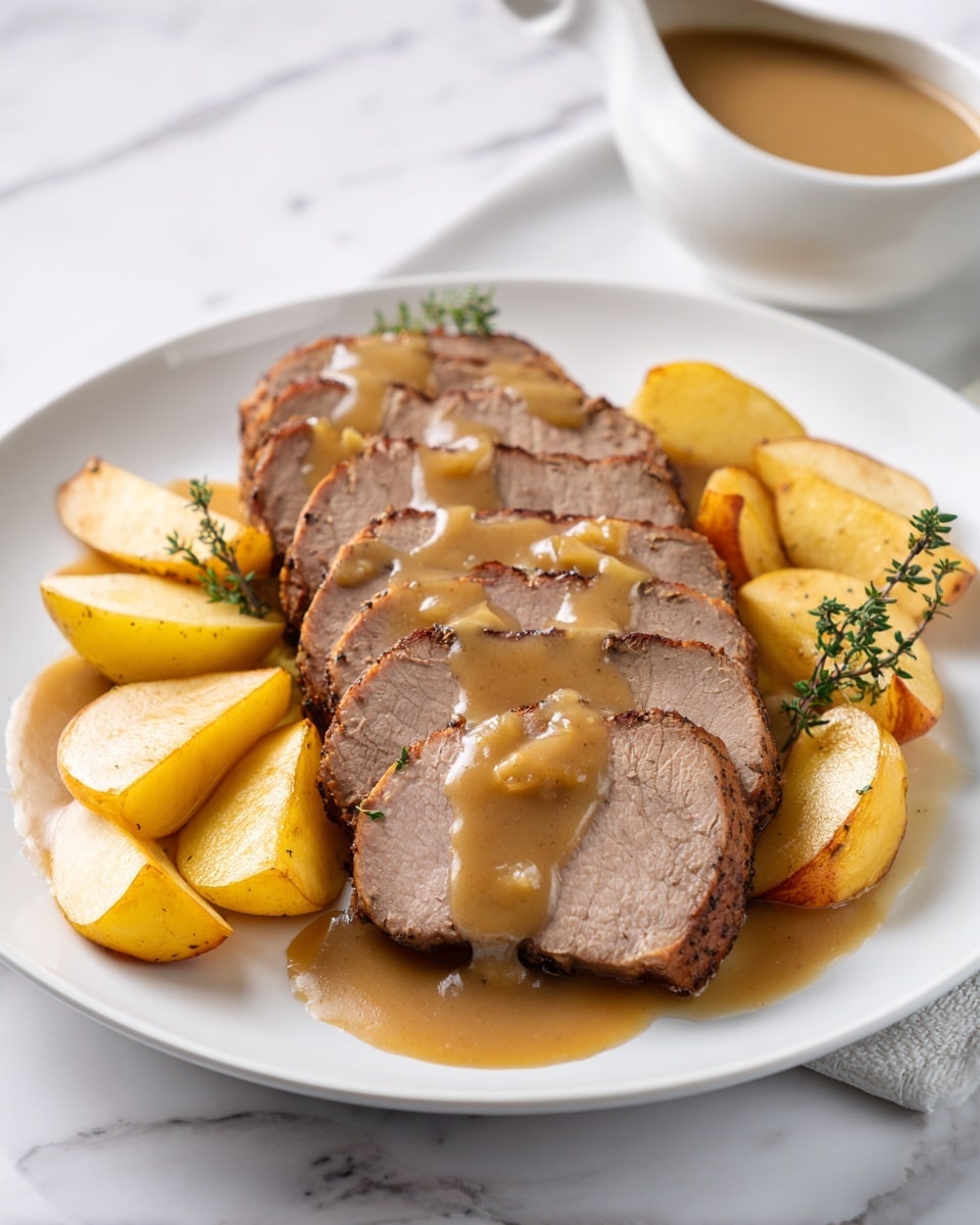 The dish shows five slices of cooked meat arranged in a slightly overlapping row from bottom to top on a white plate, each slice has a browned crust on the edges and light brown cooked center. Golden brown gravy with small chunks is poured over the middle slices and pools around the base of the meat. Surrounding the meat at the bottom half of the plate are wedges of yellowish sautéed potatoes and a few light yellow-brown cooked apple slices, garnished with a small green sprig of thyme. The plate sits on a white marbled surface with a white bowl of extra gravy in the background. Photo taken with an iphone --ar 4:5 --v 7