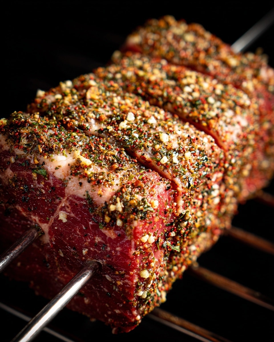A large raw piece of meat is shown skewered horizontally on three shiny metal rods. The meat is thick and rectangular, covered fully in a coarse seasoning mix made of garlic pieces, dried herbs, and spices, creating a textured surface with green and beige flecks. The meat color varies from deep red to pale pink, showing natural marbling under the seasoning. The background is a black cooking device, accentuating the seasoning details and colors on the meat. photo taken with an iphone --ar 4:5 --v 7