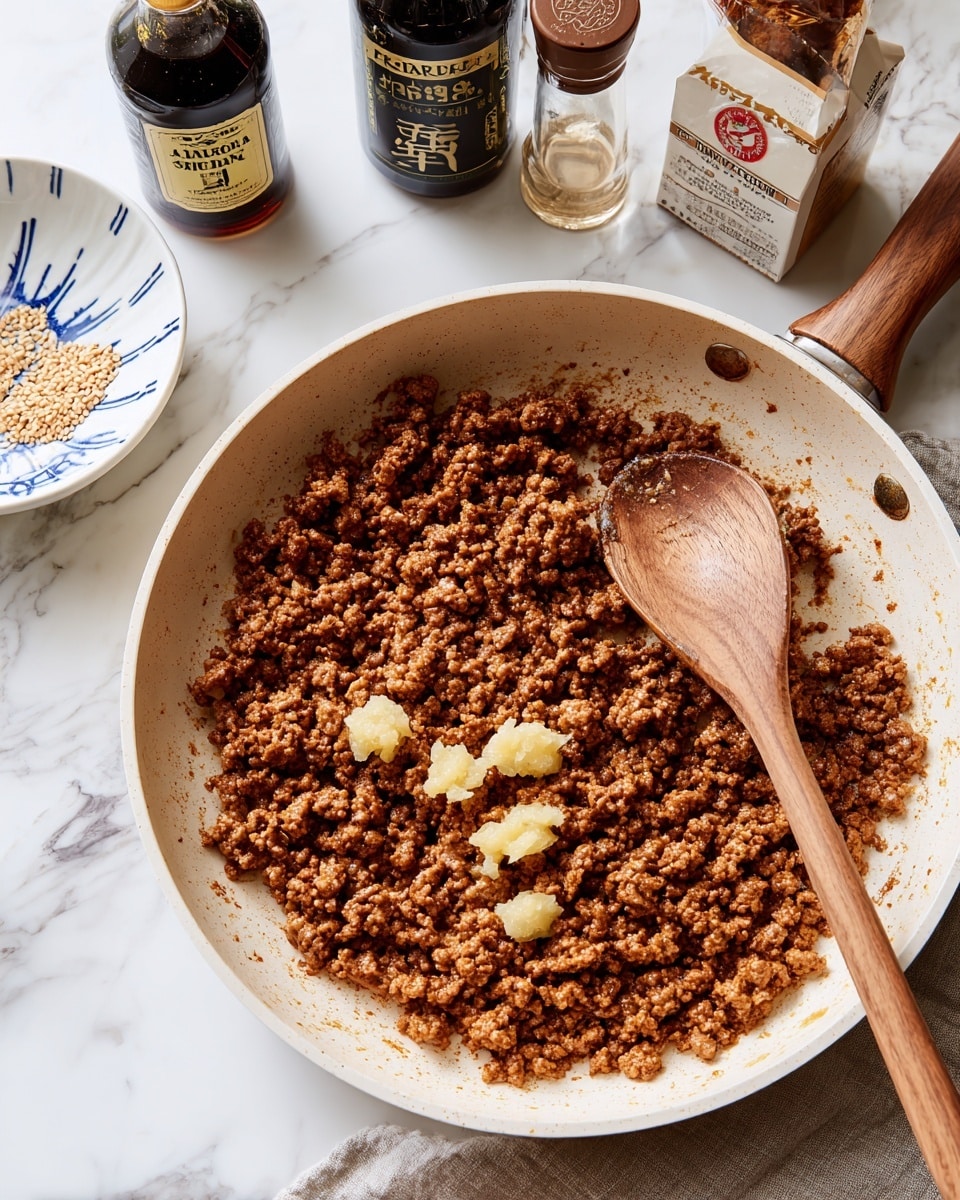 The image shows a white pan with cooked ground meat spread unevenly all over the bottom, with a few small pale yellow pieces of ginger paste placed on top in the center part of the pan. The background has a white marbled texture. There is a wooden spoon resting on a white plate with blue patterns near the pan, and in the background, there are bottles of soy sauce and ginger paste along with a box of Barilla spaghetti. Photo taken with an iphone --ar 4:5 --v 7