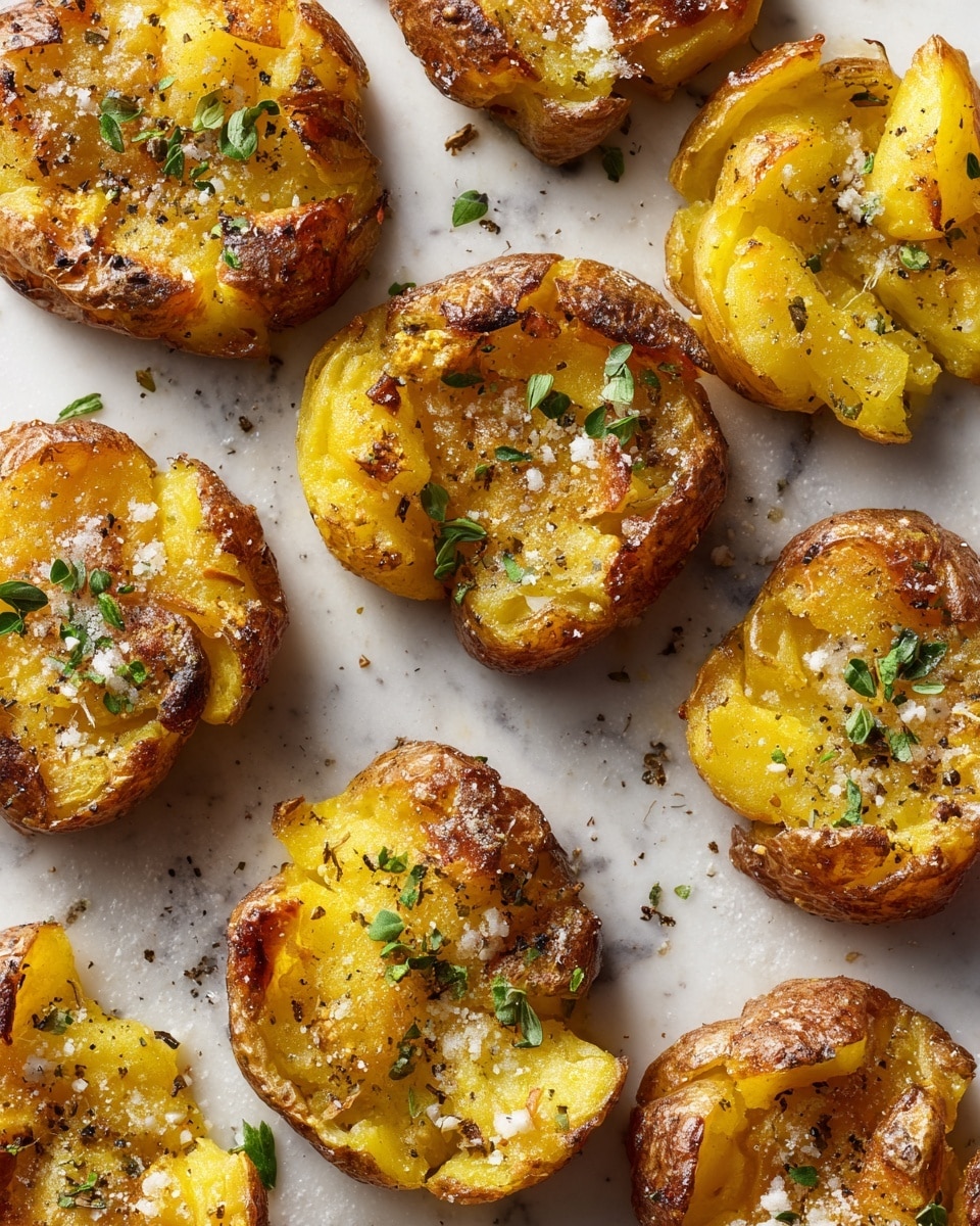 The image shows a close-up of a small, wedge-shaped piece of golden brown baked potato cluster. The top layer is crispy and browned with hints of melted cheese and small green herb pieces scattered throughout. The inside layer is soft and creamy with a pale yellow color, textured with small potato chunks. The piece is sitting on a white marbled surface with a fork in the background and other similar potato clusters blurred out around it. Photo taken with an iphone --ar 4:5 --v 7