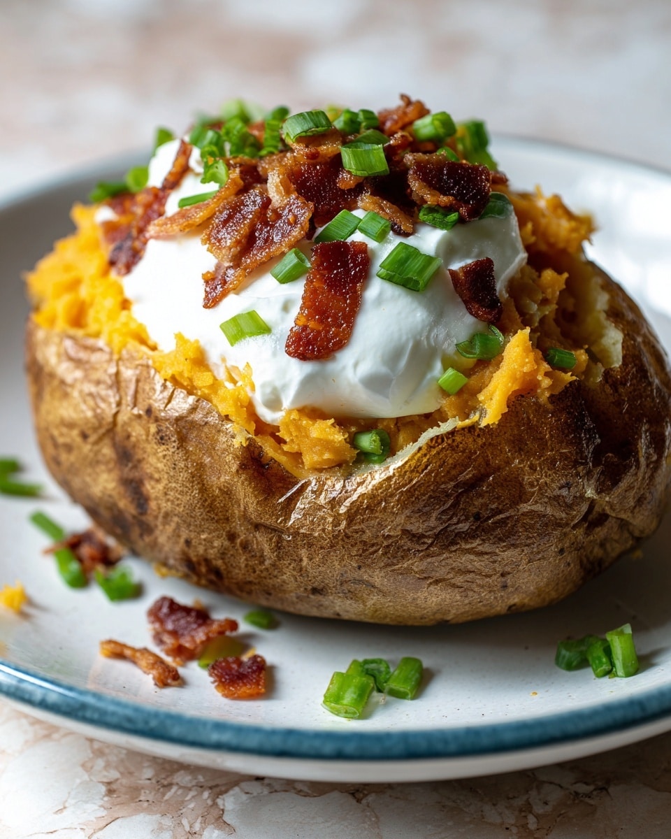 A baked potato half sits on a white plate with a thin blue edge, placed on a white marbled surface. The potato skin is brown and crispy, holding a soft, mashed yellow-orange cheese layer that fills the cavity. On top of the cheese is a smooth, thick dollop of white sour cream. Scattered across the sour cream and cheese are small, dark brown crispy bacon pieces and finely chopped bright green chives, adding texture and contrast to the dish. The photo taken with an iphone --ar 4:5 --v 7