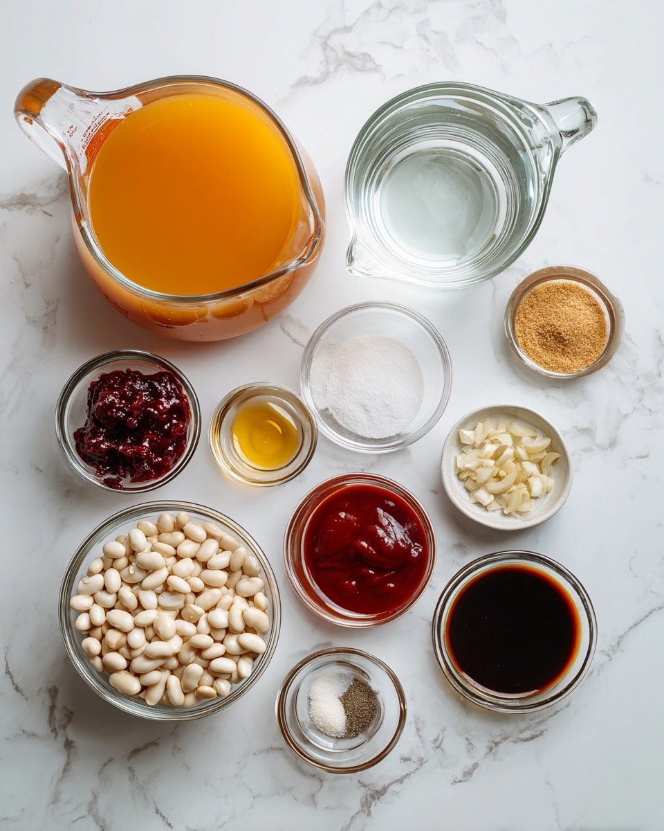 The image shows a white marbled surface with several clear glass bowls and a measuring jug arranged neatly. In the top left corner, there is a large glass jug filled with orange-colored chicken broth. Below it, a smaller glass jug holds clear water. To the right, various small clear bowls contain ingredients: one with light brown sugar, another with white cornstarch, one with dark red ketchup, a bowl with a thick deep red tomato paste, a small bowl with dark brown Worcestershire sauce, and a tiny bowl with clear vinegar. In the center, there is a larger clear glass bowl filled with small white navy/haricot beans. The top right corner has a small bowl with mixed onion, garlic, salt, and pepper. All items are placed on the white marbled surface in a clean, organized layout. Photo taken with an iphone --ar 4:5 --v 7