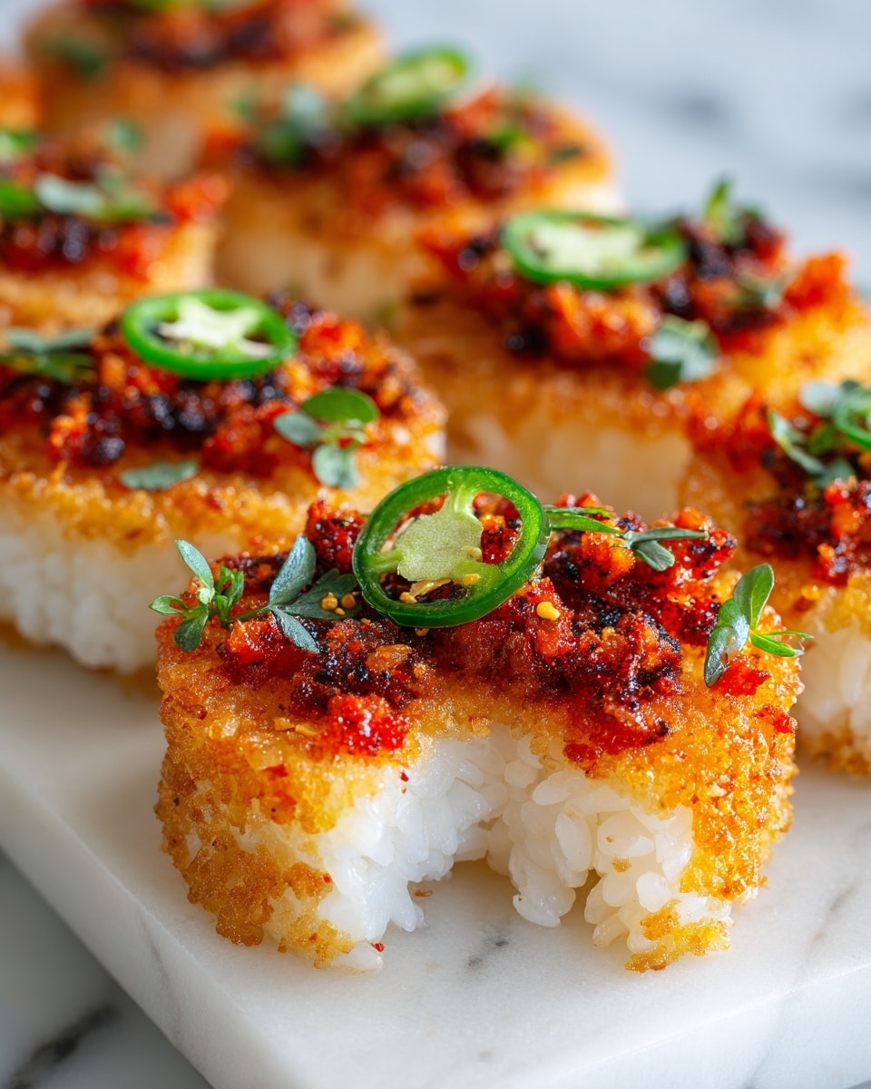 The image shows small round sushi pieces on a white plate with a white marbled surface. Each sushi piece has three layers: the bottom layer is sticky white rice, the middle layer is a golden crispy rice crust, and the top layer is a chunky reddish-orange mixture. Each sushi piece is topped with a small green slice of chili pepper and some tiny green herbs. One sushi piece in the front is missing a bite, showing the soft rice inside under the crunchy crust and spicy topping. The background is softly blurred to keep attention on the sushi. Photo taken with an iphone --ar 4:5 --v 7