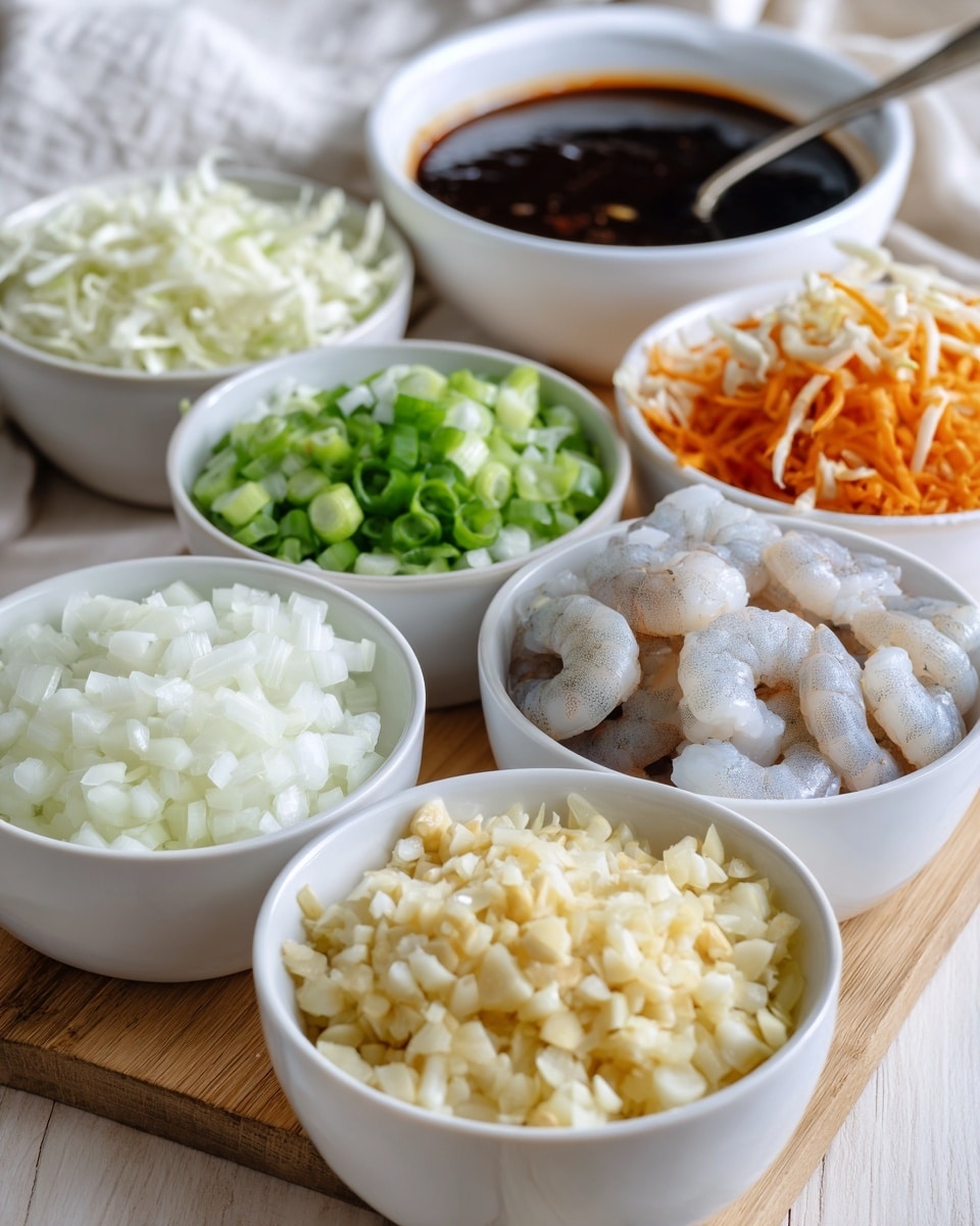This image shows six white bowls on a light wooden surface. The front bowl has finely chopped garlic, pale yellow in color and small in texture. Behind it on the left is a bowl of chopped white onions with a translucent texture. To the right, a bowl holds raw shrimp, grayish-white in color with a smooth texture and tails attached. The back left bowl contains chopped green onions with a bright green color. Next to it on the right, a bowl has shredded white cabbage and thin orange carrot sticks on top. At the far back is a white bowl filled with dark brown liquid sauce, with a spoon inside. The background is soft with a white cloth. The photo taken with an iphone --ar 4:5 --v 7