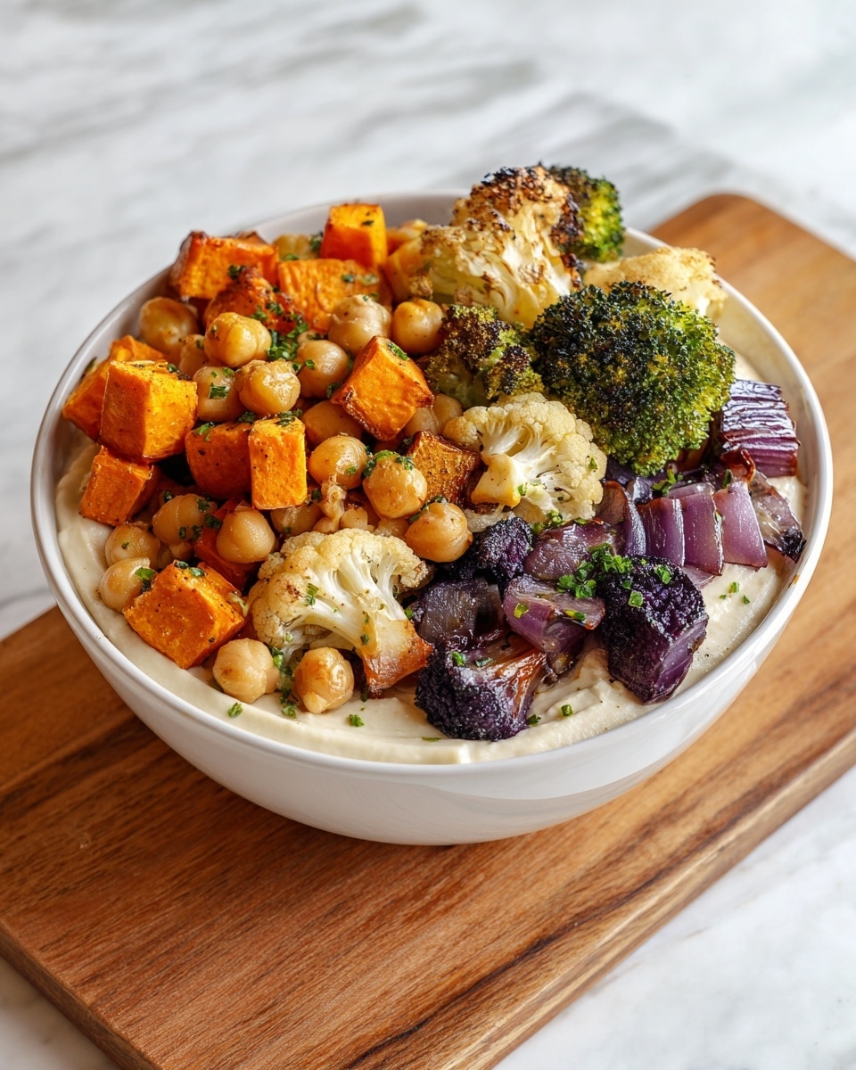 A white bowl filled with several layers of colorful food sits on a wooden board on a white marbled surface. The bottom layer is a creamy white sauce spread evenly at the base. On top, there is a mix of small, golden-brown chickpeas, orange cubes of roasted sweet potatoes, green and slightly charred broccoli florets, off-white roasted cauliflower pieces, and glossy purple chunks of cooked onion. The vegetables and chickpeas are scattered and piled high in the center, showing a rich mix of roasted textures and colors. Small green herb pieces are sprinkled on the dish, adding freshness. Photo taken with an iphone --ar 4:5 --v 7