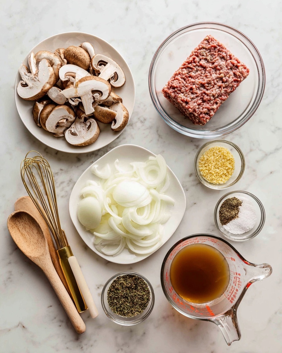 The image shows a flat lay of cooking ingredients arranged neatly on a white marbled surface. At the top right is a clear glass bowl filled with a large rectangular block of raw ground meat in reddish pink colors. To the left of the bowl is a white plate with sliced brown mushrooms layered evenly, and below the mushrooms is another white plate with thinly sliced white onions arranged in a fan shape. Below and to the right of the onion plate is a small bowl with a coarse black and brown spice mix. Around these are several small clear bowls containing different items: one with green dried herbs, one with yellow breadcrumbs mixed with herbs, another with a fine white powder, and one with a dark brown liquid sauce. A transparent measuring cup with light brown broth is positioned at the bottom right. Wooden kitchen tools and a gold whisk are placed to the far left. The whole setup is bright and clean, all set on a white marbled texture background photo taken with an iphone --ar 4:5 --v 7