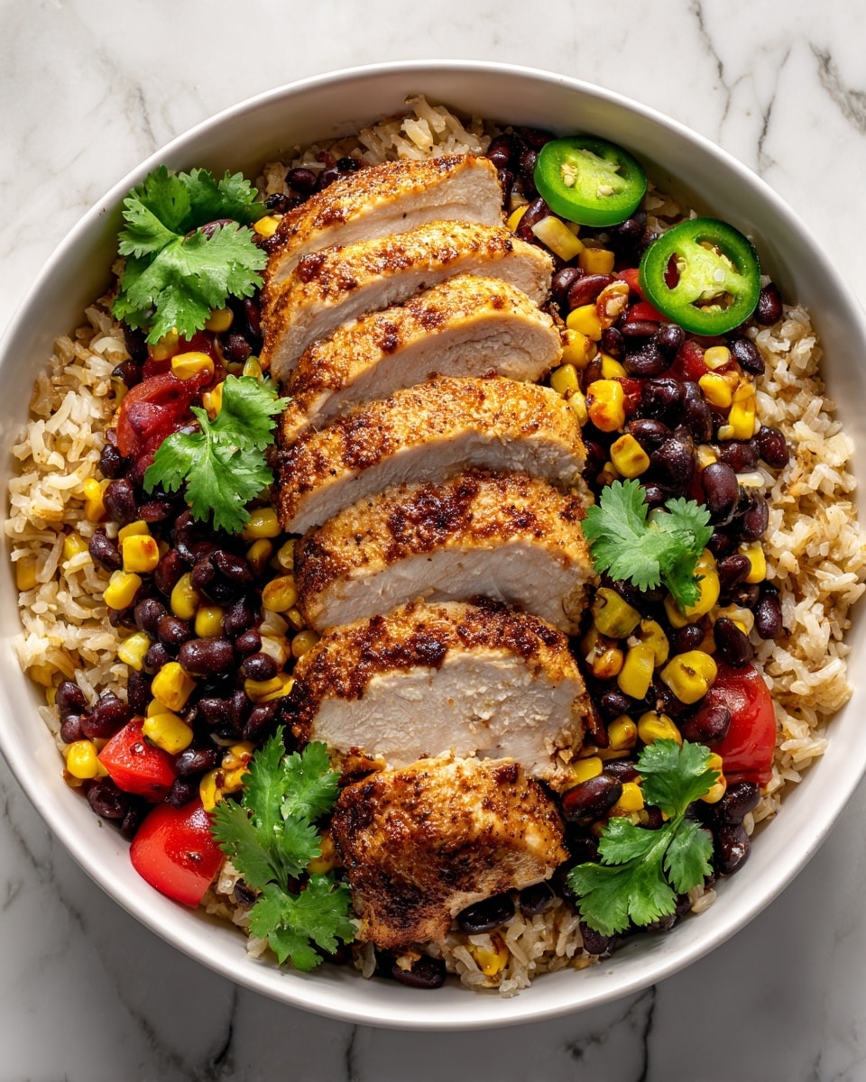 In a deep white bowl, there is a base layer of cooked rice mixed with black beans and corn, which creates a mix of light brown, black, and yellow colors with a slightly grainy texture. On top of this, thick slices of grilled chicken with a golden brown, slightly crispy outer layer are placed in a row down the center. Around the chicken, there are chunks of bright red tomatoes and slices of fresh green jalapeno peppers, along with sprigs of fresh cilantro with vibrant green leaves. The bowl sits on a white marbled surface. photo taken with an iphone --ar 4:5 --v 7