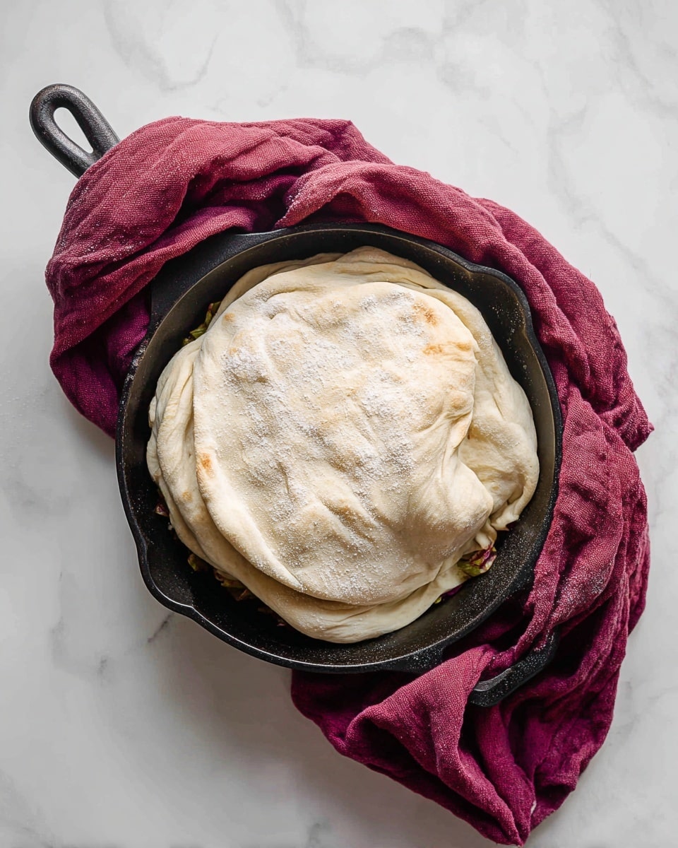 A black cast iron pan holds a dish with one large, soft, pale dough layer folded over the filling, showing slight flour dust on top and some puffed areas; underneath the dough, small glimpses of cooked light brown and green vegetables peek out on the bottom. A wrinkled deep red cloth is placed partially under the pan, all on a white marbled surface. photo taken with an iphone --ar 4:5 --v 7