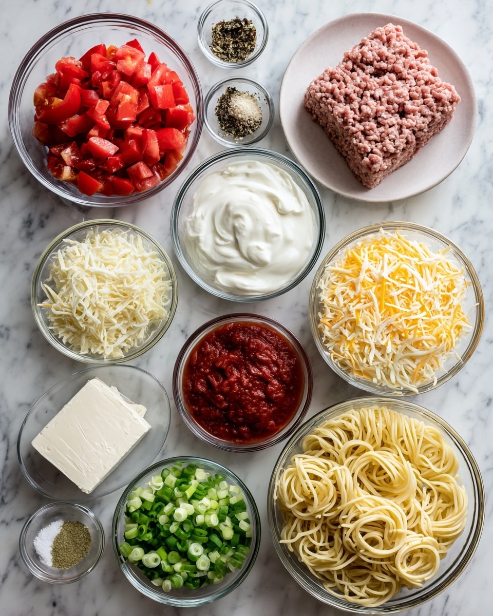 A white marbled surface holds thirteen clear glass bowls arranged loosely in a grid, each containing different cooking ingredients. Starting from the top left, the first bowl contains bright red, chunky diced tomatoes. Next to it is a slightly larger bowl with a block of raw ground meat that is light pink and finely textured. To the right of this is a bowl filled with smooth white sour cream. Below the sour cream is a bowl with shredded pale yellow cheese and next to it a bowl with a white block of cream cheese. Beside the cream cheese is a bowl of tomato paste, rich red in color and dense. Below the diced tomatoes is a bowl filled with finely sliced fresh green onions. At the bottom center is a bowl filled with uncooked egg noodles, golden yellow, curly, and layered thickly. Near the noodles are small bowls containing salt, pepper, dried herbs, and grated hard cheese. Everything rests neatly on a white marbled surface, ready for meal preparation. photo taken with an iphone --ar 4:5 --v 7