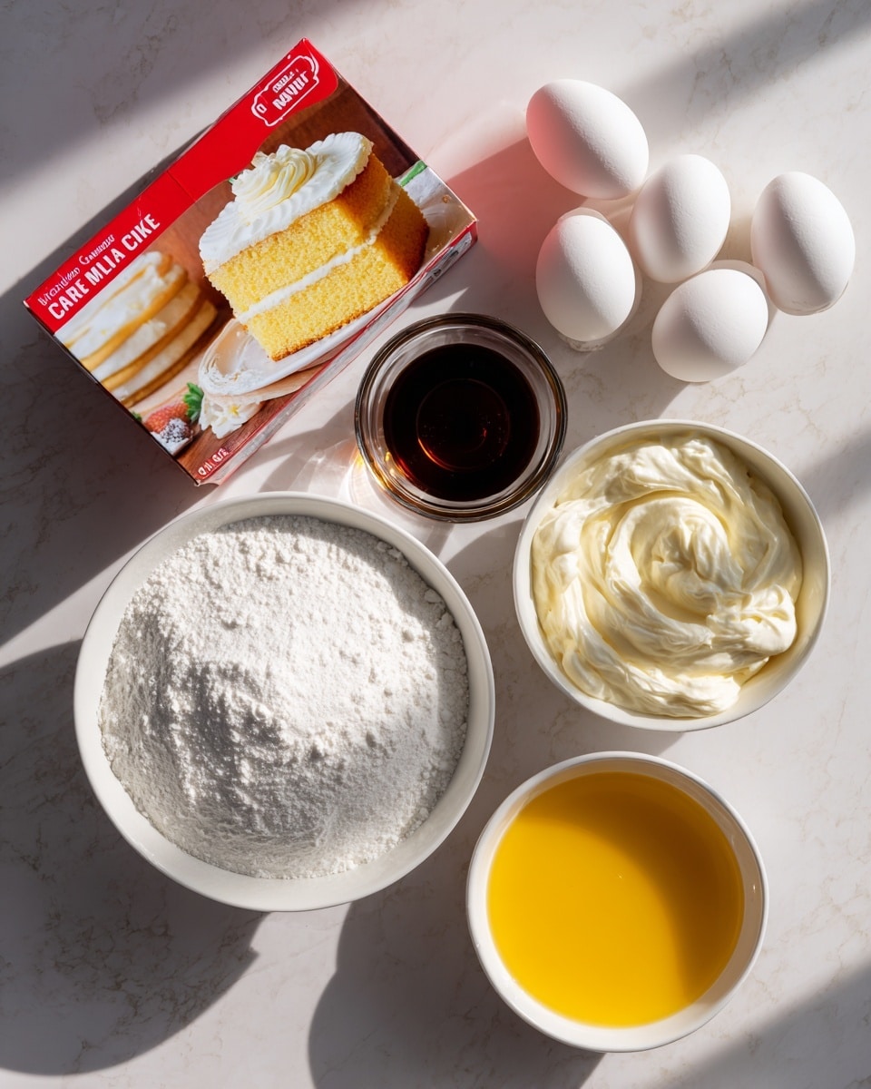 The image shows cake ingredients arranged on a light white marbled surface. At the top left is a box of vanilla cake mix with a red top and an image of a two-layer yellow cake with white frosting on the front. To the right of the box are four white eggs placed in a square shape. Below the eggs is a small glass with dark brown vanilla extract. Next to it on the right is a white bowl filled with thick white cream. Below the glass and cream is a large white bowl filled with white powdered sugar. To the right of the powdered sugar is a small white bowl holding golden yellow melted butter. The lighting creates soft shadows from the ingredients. Photo taken with an iphone --ar 4:5 --v 7