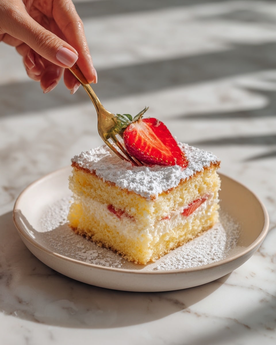 A white plate holds a square two-layer cake with a soft yellow sponge texture. The bottom layer is thick and slightly crumbly, while the top layer appears lighter and dusted with powdered sugar. A bright red strawberry slice sits on the top center of the cake. A woman's hand holding a small gold fork is pressing into the top layer, showing the fluffy inside. The scene is set on a white marbled surface with soft natural light. photo taken with an iphone --ar 4:5 --v 7