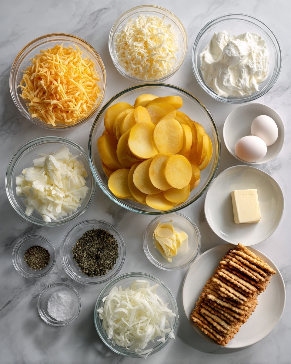 The image shows several glass bowls arranged neatly on a white marbled surface, each holding different ingredients. A large bowl filled with round, sliced yellow squash is in the center. Surrounding it are smaller bowls containing shredded cheddar cheese, shredded mozzarella cheese, diced white onions, sour cream, mayonnaise, grated Parmesan cheese, and two eggs cracked open in a bowl. There is also a small plate with a stick of butter, two packs of stacked golden crackers on the right, and three tiny bowls with salt, black pepper, and dried herbs. The setup is clean and organized, with clear colors and textures in each ingredient photo taken with an iphone --ar 4:5 --v 7