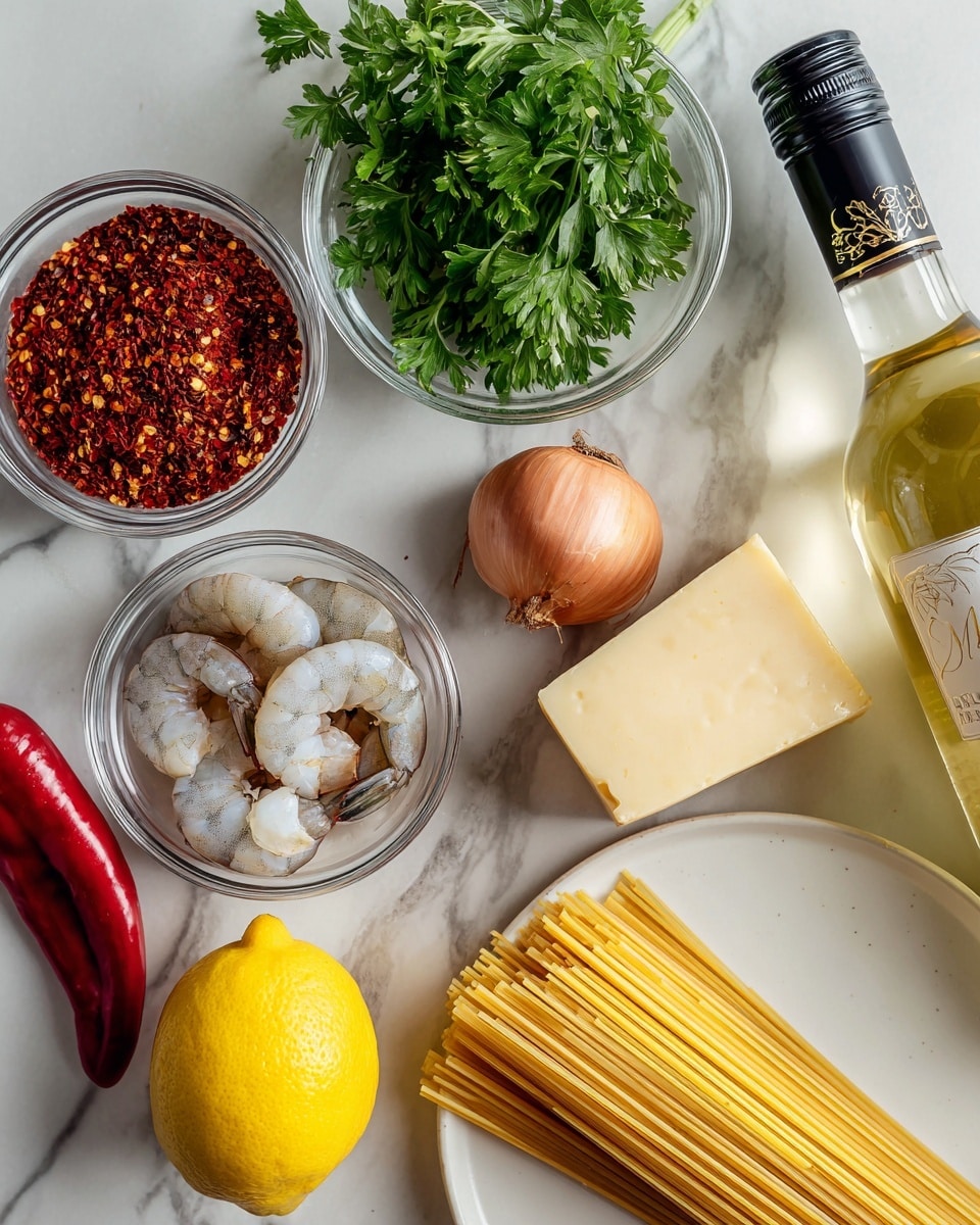 A clear glass bowl filled with dried red chili flakes sits on the left, next to another clear glass bowl containing fresh green parsley leaves. To the right, there is a whole garlic bulb lying beside a bright red chili pepper, a yellow lemon, and a brown shallot. A clear glass bowl with raw shrimp is placed near a bottle of white wine with a black cap and a decorative label. On the far right, a white plate holds a block of pale yellow cheese and a bundle of uncooked spaghetti noodles arranged neatly. All items are placed on a white marbled surface. photo taken with an iphone --ar 4:5 --v 7