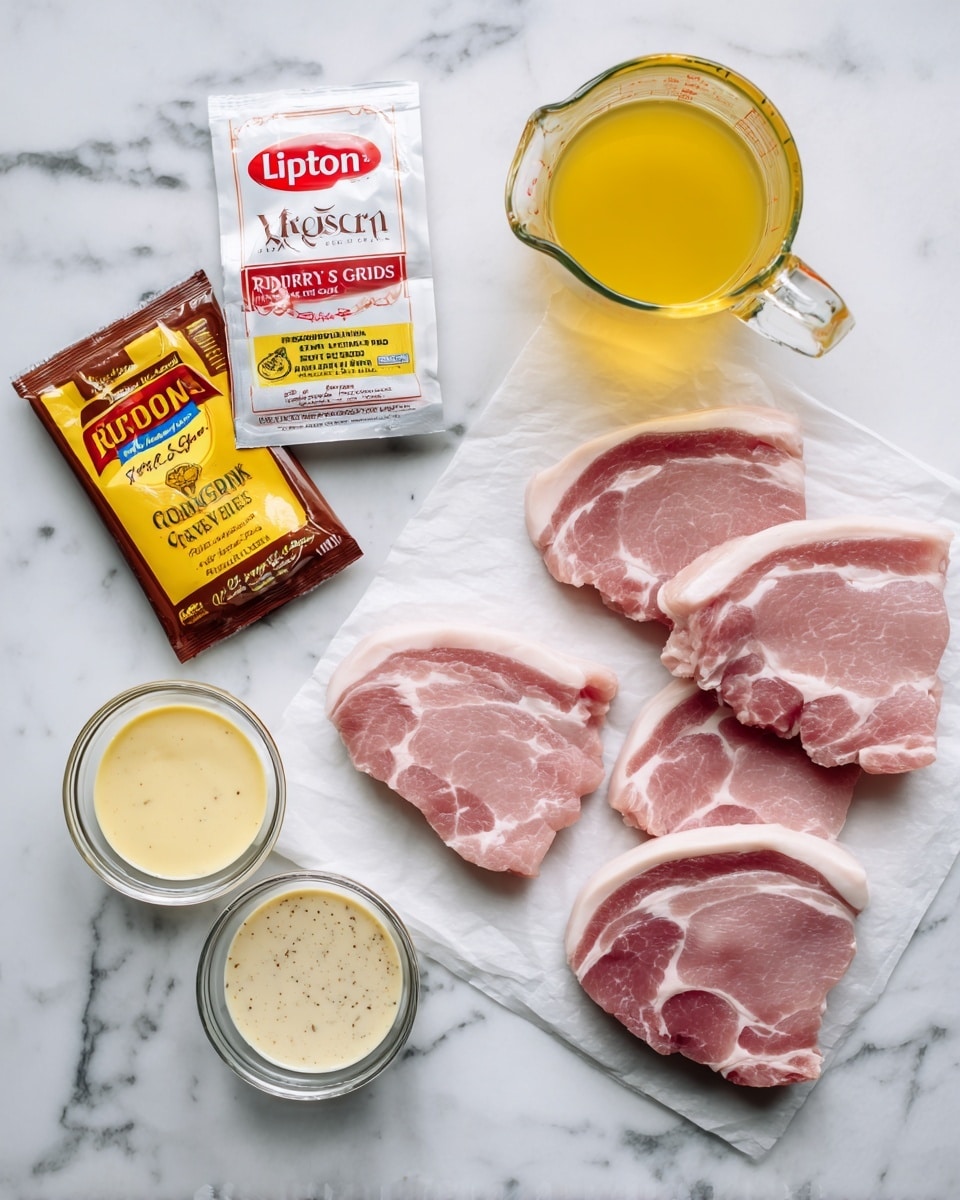 The image shows six raw pork slices with a pinkish-red color and white fat edges placed on white paper on a white marbled surface. Above the pork slices, there is a clear glass measuring cup filled with a yellow liquid. To the left of the liquid, there are two seasoning packets, one white labeled