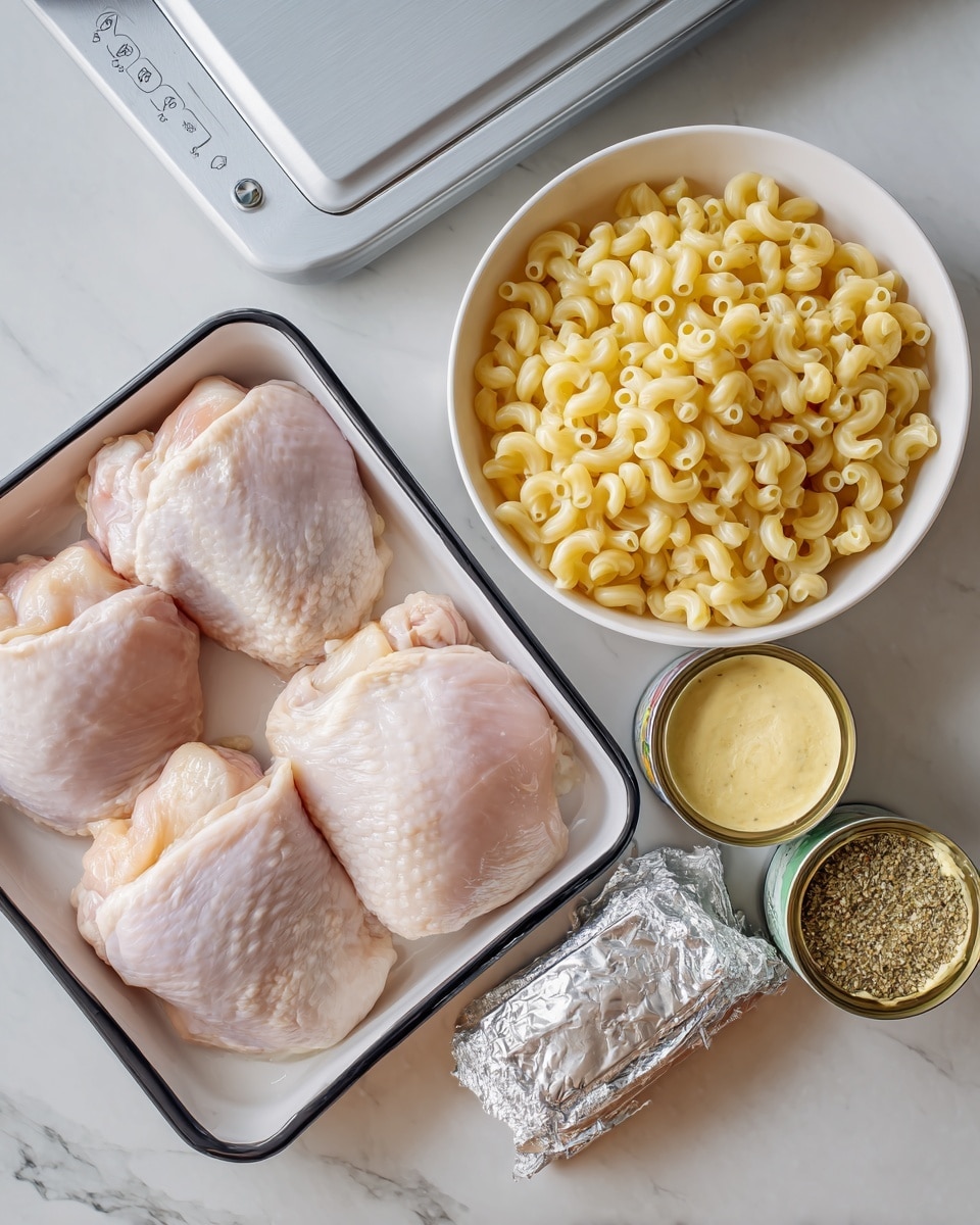 The image shows four raw light pink chicken pieces laid neatly in a white tray with a black edge on the left. To the right, there is a white bowl filled with dry yellow elbow macaroni pasta. Below the pasta, there is a silver foil-wrapped butter package placed sideways. Near the bottom right, two open cans of pale yellow cheese sauce are visible, along with a small white bowl containing a mixed seasoning blend that has light browns and greens. The entire setup is on a white marbled surface, with part of a white appliance visible at the top left corner. Photo taken with an iphone --ar 4:5 --v 7