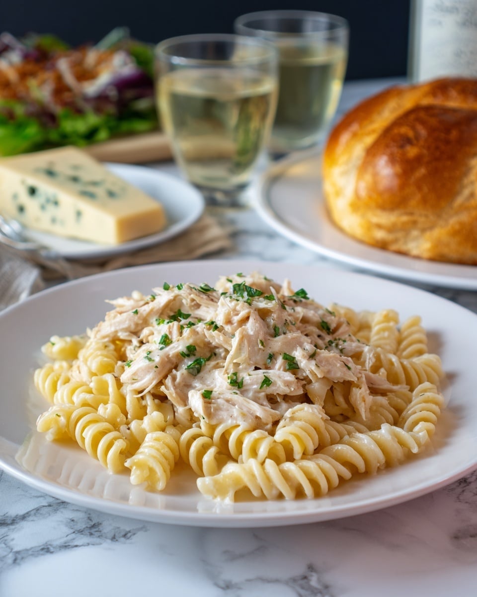A white plate sits on a white marbled surface holding a dish made of three layers: the bottom layer is pale yellow curly pasta, the middle layer is creamy shredded chicken in light sauce with small green herb pieces sprinkled on top, and a silver fork rests on the side of the plate. In the background, there is a glass of light golden liquid with reflections, a piece of crusty bread placed on a white plate, and another small white plate with a slice of cheese that has a pale yellow inside and a slightly darker rind, all on the same white marbled surface. photo taken with an iphone --ar 4:5 --v 7