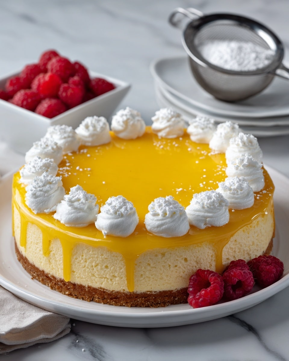 A round cake on a white plate with a smooth, shiny yellow top layer that looks like a lemon or mango glaze. Around the edge of the cake, there is a ring of white whipped cream dollops evenly spaced. Next to the cake on a white marbled surface, there is a small square white bowl filled with bright red raspberries and a small white plate holding a fine metal sieve resting on it with white powdered sugar inside. Photo taken with an iphone --ar 4:5 --v 7